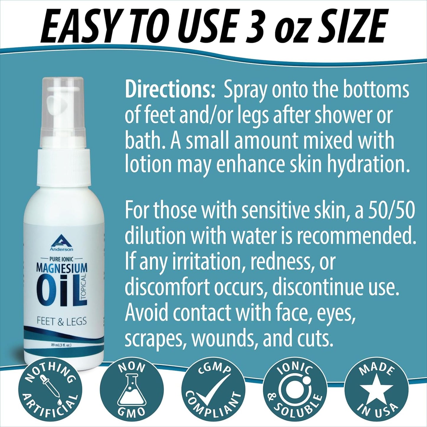 Magnesium Oil Spray for Feet and Legs | Made in The USA | Topical Ionic Magnesium Chloride Lotion for Body Joints | Promotes Relaxation, Relief from Muscle Cramps, 3oz