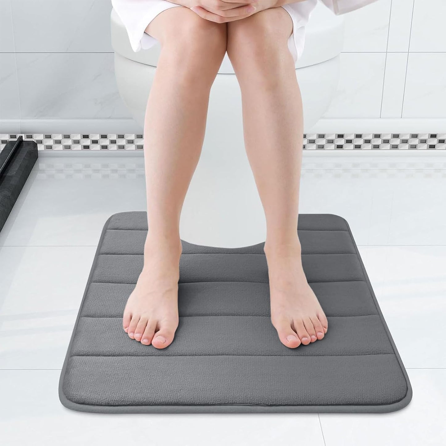Buganda Memory Foam U-Shaped Contour Toilet Rugs, Non Slip Absorbent, Thick Soft Washable Bathroom Mat, Floor Carpet Bath Rugs Mat for Toilet Base (20" x 20", Grey)
