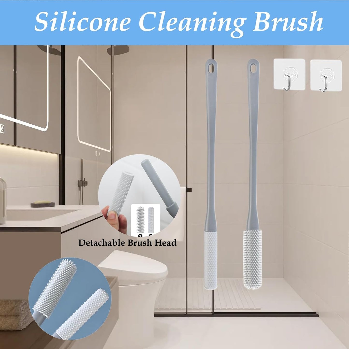 Toe Cleaning Brush, 15.7" Foot Scrubber with Long Handle - Shower Foot Brush Soft Feet Care Scrub Toe Scrubber for Exfoliating - Men, Women & Seniors (Gray)