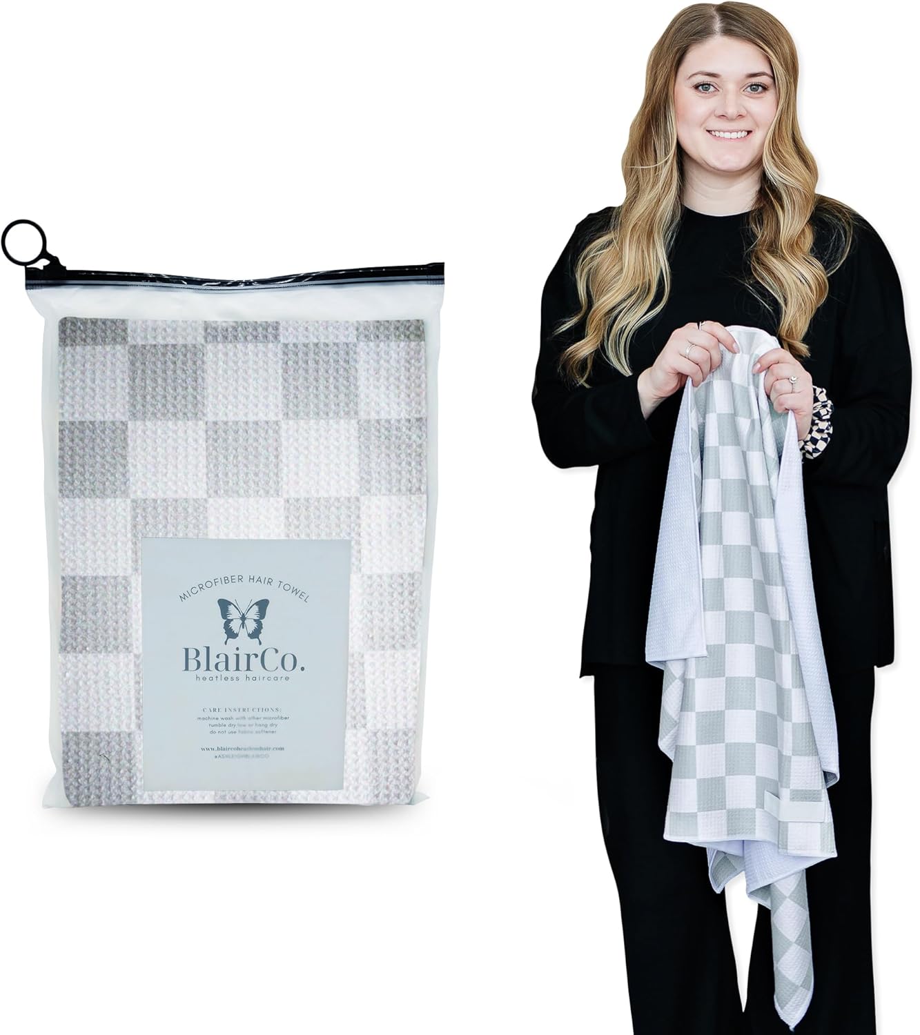 Greige Checkered Microfiber Hair Towel Wrap for Women: Quick Dry, Anti-Frizz Hair Drying Towel for Long, Curly, or Wet Hair. Soft Hair Wrap Turban for Shower, Spa & Travel