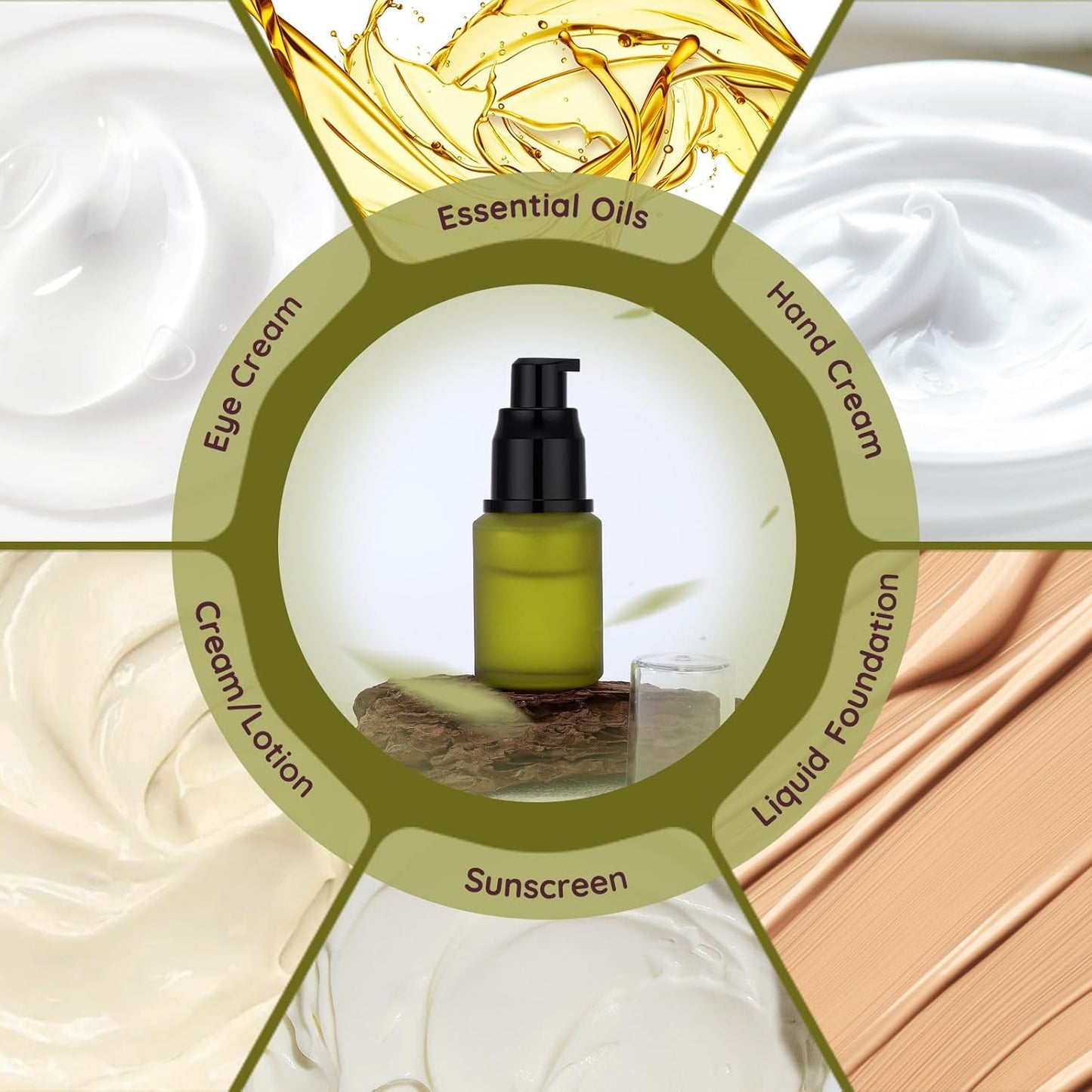 Segbeauty 1oz Frosted Glass Empty Travel Size Bottles for Creams, 3pcs Refillable Lotion Pump Bottle Dispenser, 30ml Liquid Travel Containers, Green Mini Lotion Container Foundation Pump Dispensers