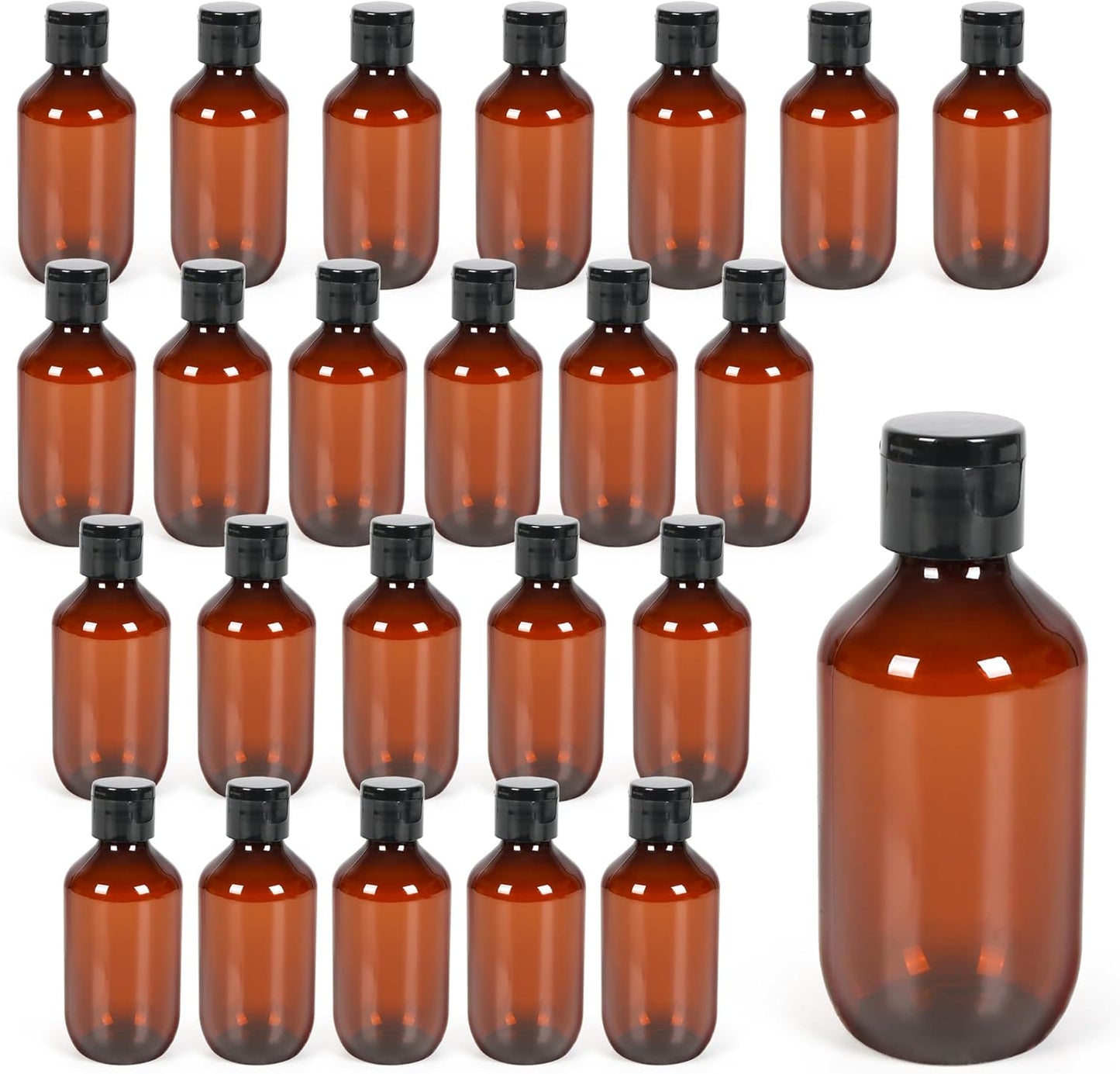 Travel Size Amber Bottles with Flip Cap - 24 Pack 3.4oz Leak Proof Dispenser Containers for Toiletries, Essential Oils & Shampoo - Set of Small Empty Plastic Bottles