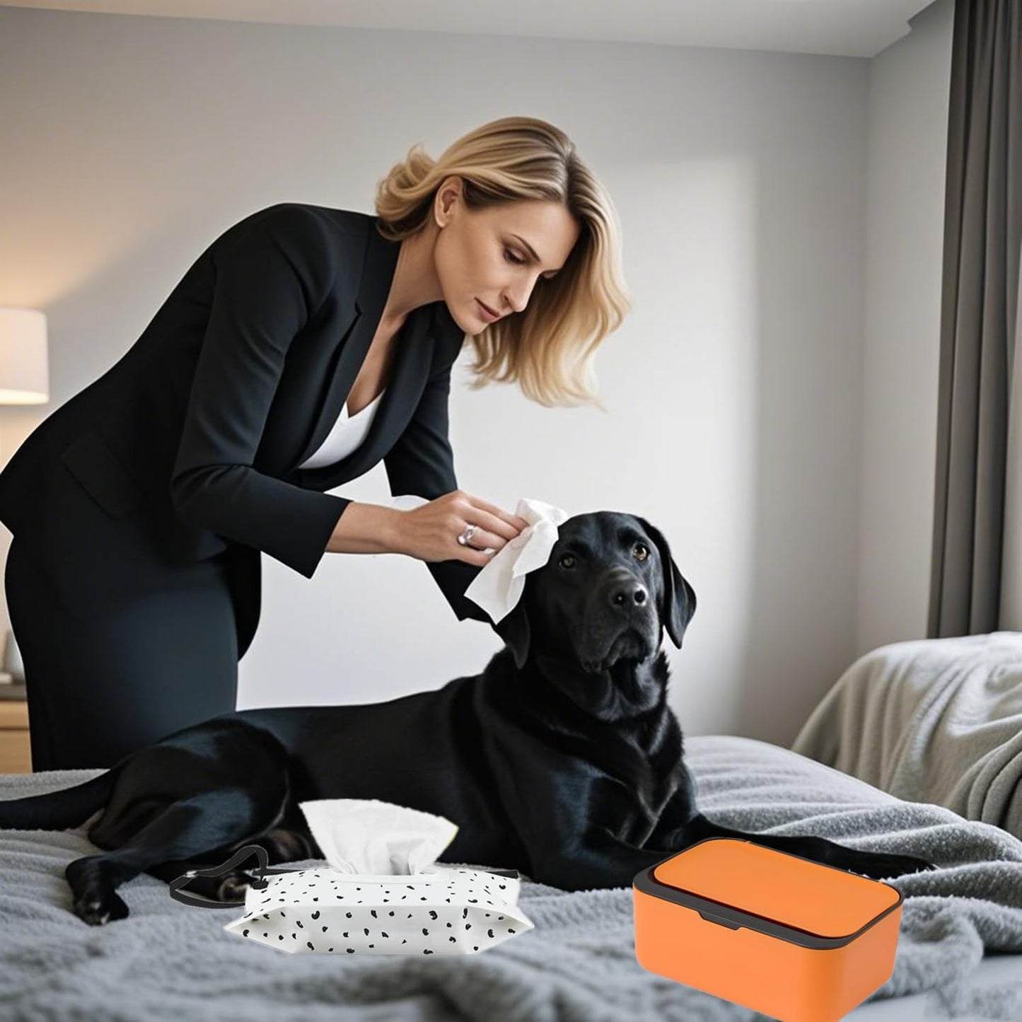Wipes Dispenser with 2Pcs Portable Refillable Wipe Holder,Reusable Large Wipe Holder Box Flushable Wipes Case Bathroom Wipes Container for Pet Nursery Kitchen Office Counter(Orange-Black)