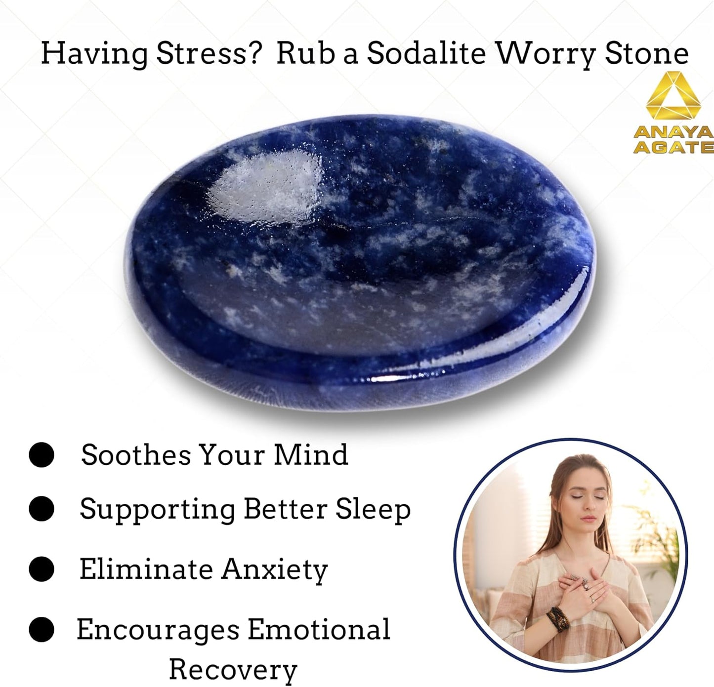 Sodalite Worry Stones – Crystal Thumb Worry Stone for Anguish, Stress – Relaxing and Soothing Balance Stones for Meditation, Stress Relief – Healing Stones and Crystals for Men and Women