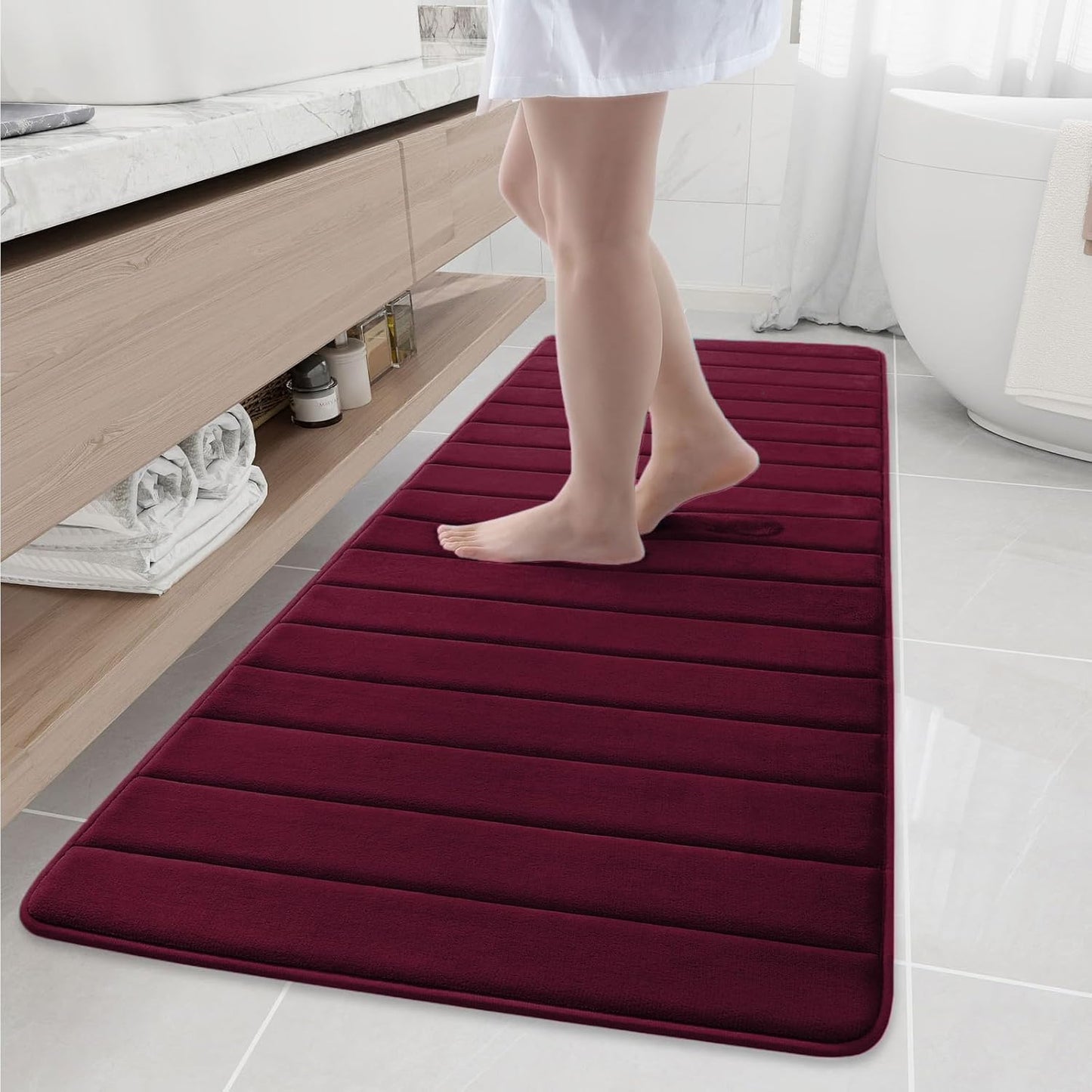 Buganda Memory Foam Bath Mat, 70" x 24", Ultra Soft and Non-Slip Bathroom Rugs, Water Absorbent and Machine Washable Bath Rug Runner for Bathroom, Shower, and Tub, Burgundy