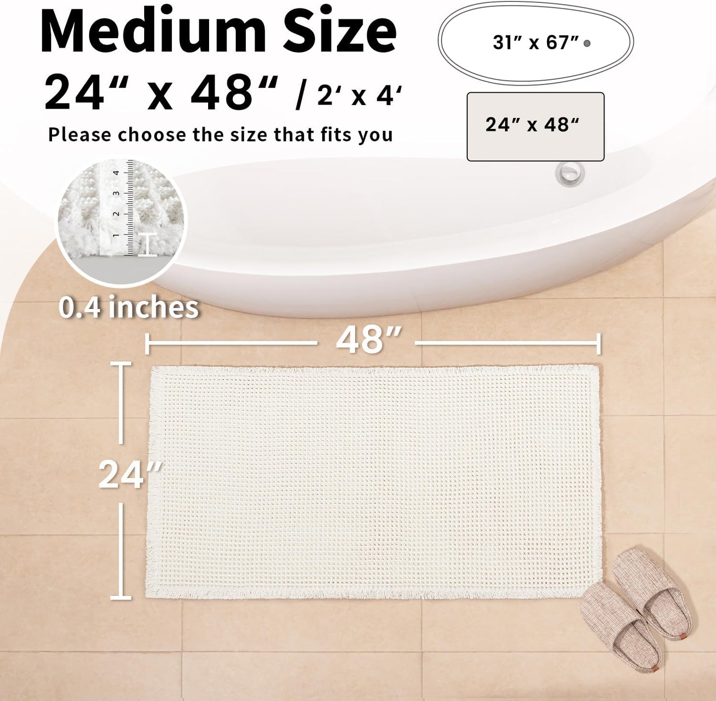 White Bathroom Rugs, Waffle Bath Mat Non Slip Washable, Super Absorbent & Quick Dry, Boho Bath Mat Farmhouse Bathroom Decor, 24'' x 48'', White