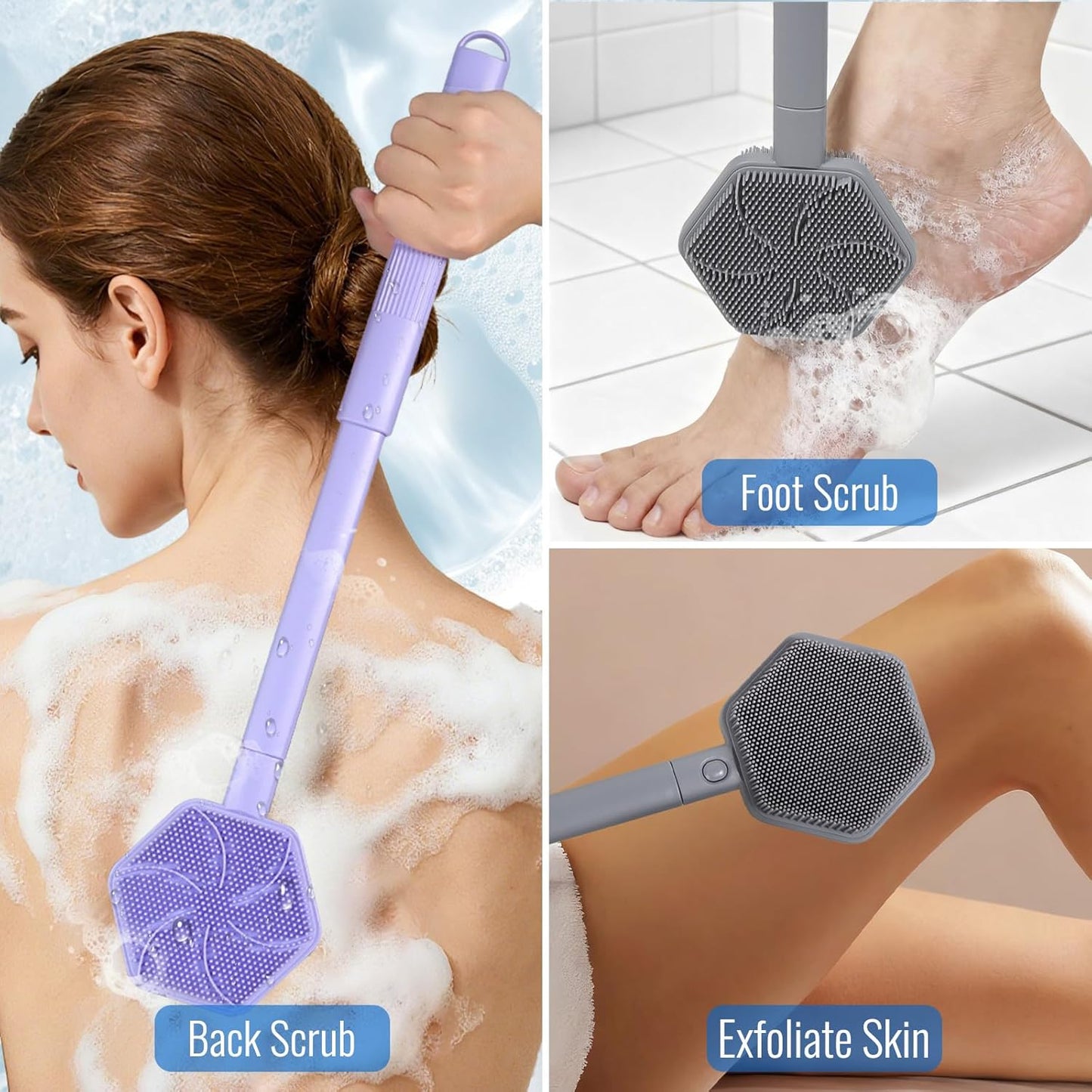 Silicone Back Scrubber for Shower – 21in Extendable Shower Brush with Long Handle – Dual-Sided Back Brush with Non-Slip Grip, Gentle Cleansing & Exfoliation for Men, Women, Elderly (Purple)