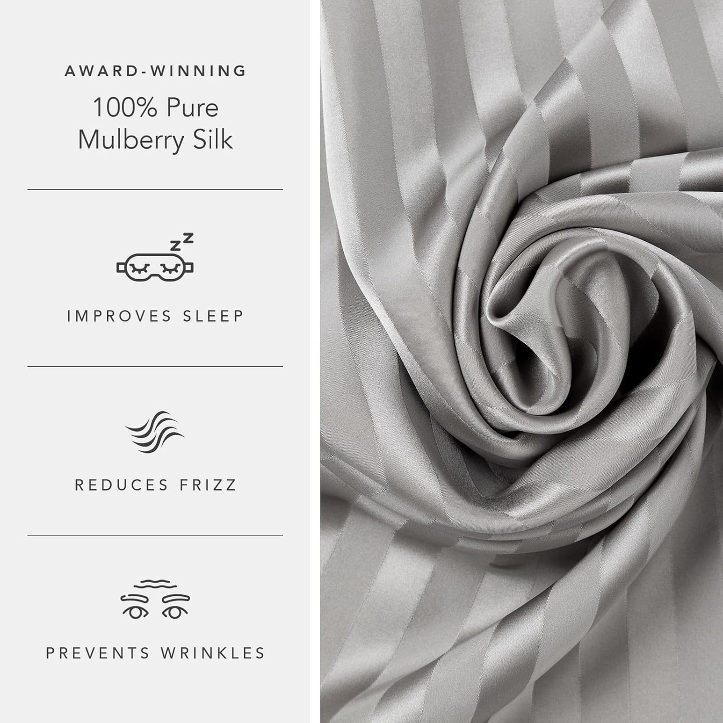 Fishers Finery 30mm 100% Pure Mulberry Silk Pillowcase, Quality Tested (Gray Stripe, Standard)