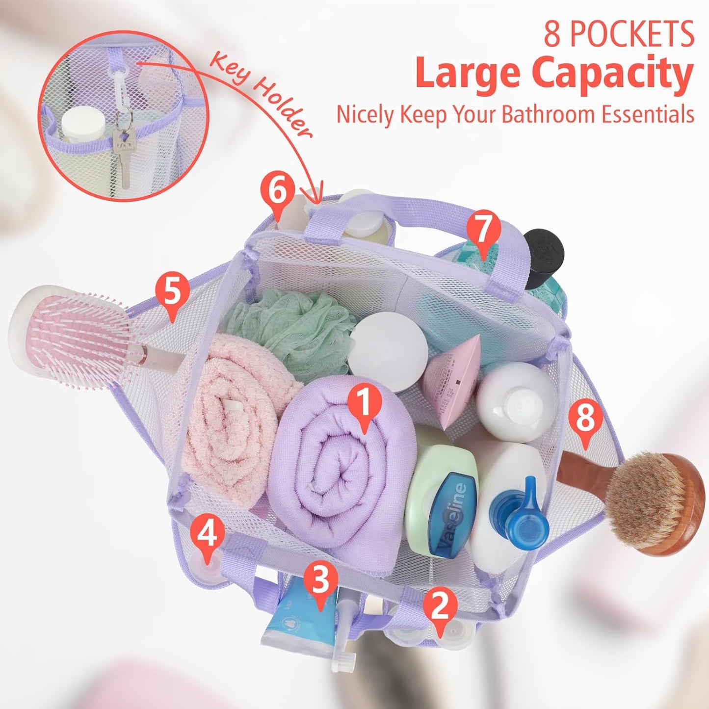 F-color Mesh Shower Caddy Portable, Upgrade Deeper 7 Pockets Shower Bag Basket Tote for College Dorm Room Toiletry Bathroom Essentials Gym Camp Quick Dry 2 handles with S Hook, Purple