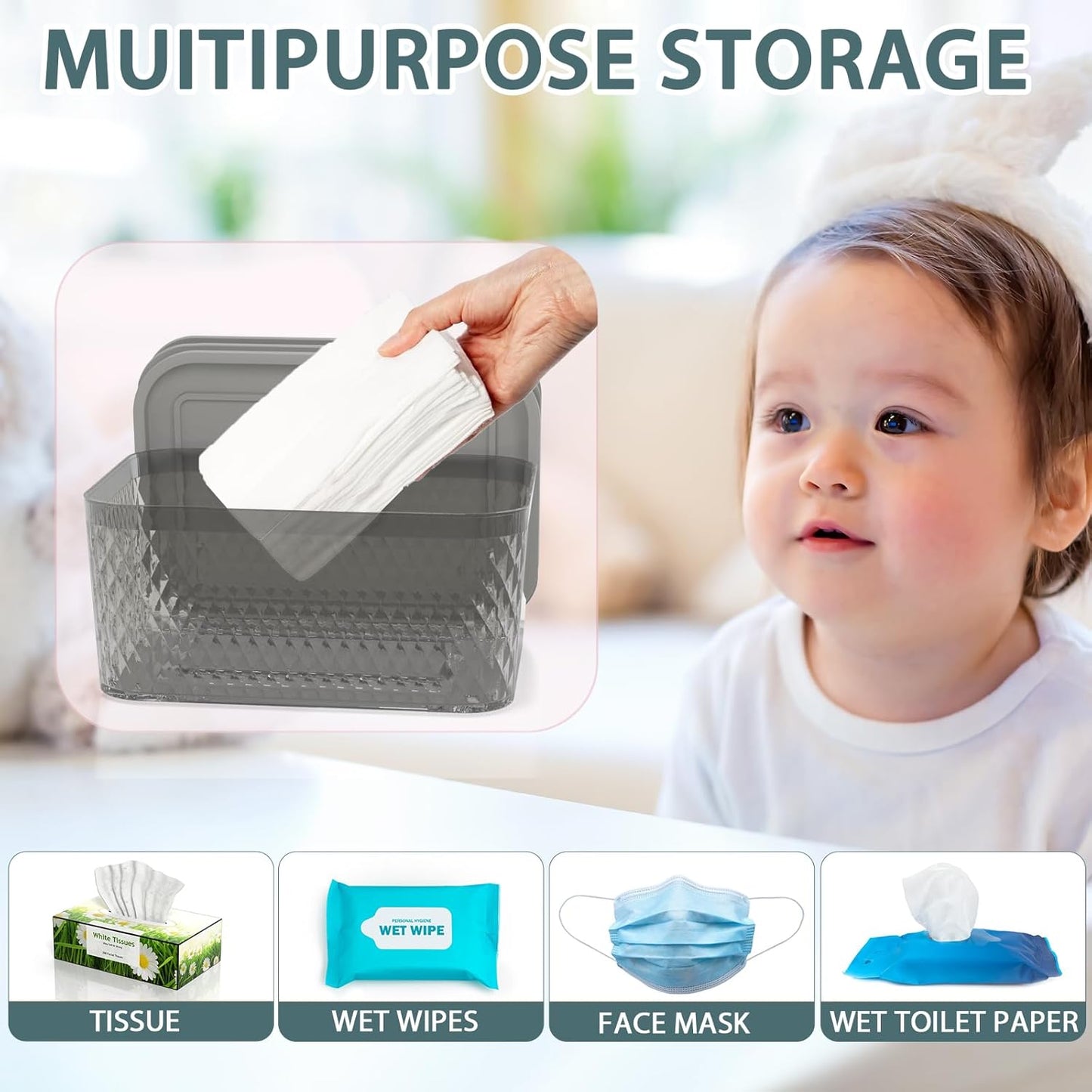 Wipes Dispenser, One-Handed Operation Wipe Holder for Baby & Adult, Seal-Designed Wipes Container for Bathroom Keep Diaper Wipes Fresh (Grey)