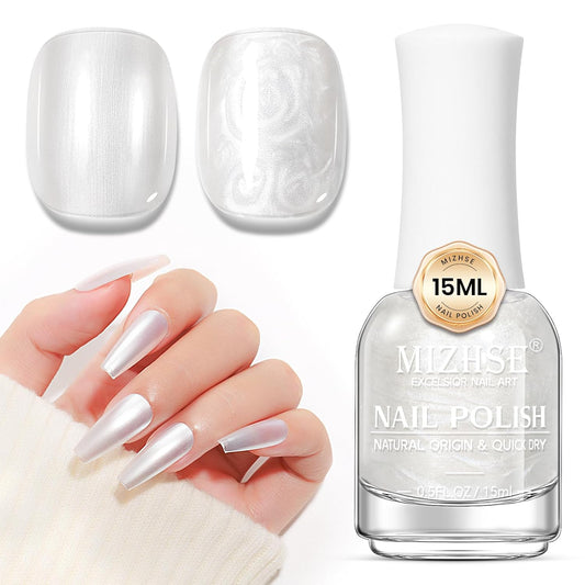 MIZHSE Mermaid Pearl Nail Polish: 15ml Aurora Milky White Effect, Glossy Long Lasting, DIY Nail Gift Spree