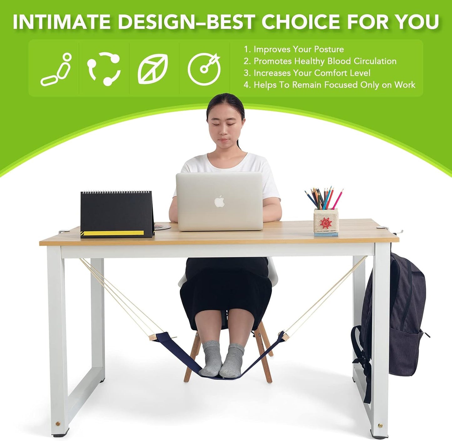 iMissiu Adjustable Office Foot Rest | Portable Under Desk Hammock with Headphones Holder (Blue)