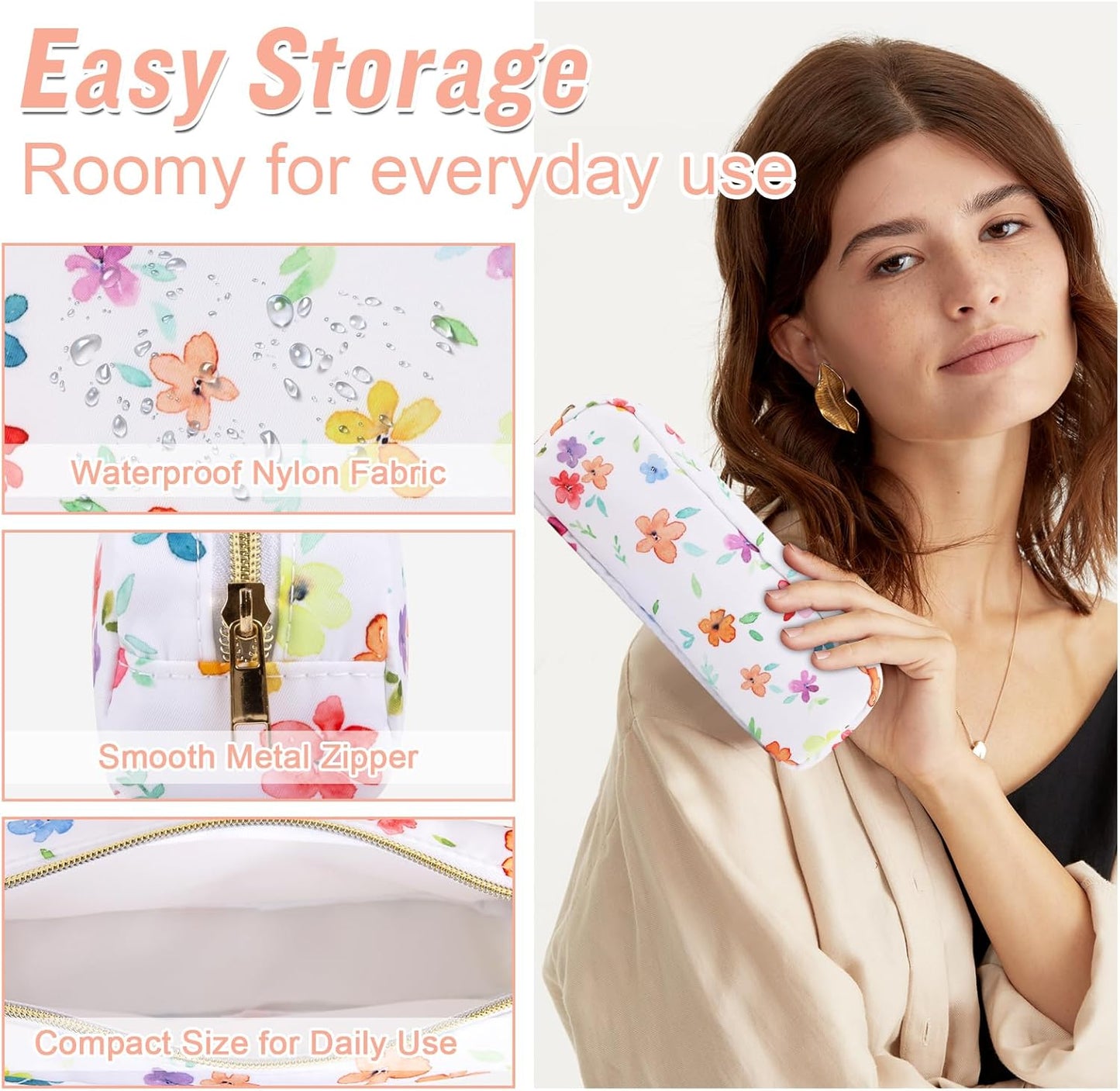 Nylon Small Floral Makeup Bag Slim Pouch, Preppy Cute Makeup Brush Case Bag Cosmetic Zipper Pouch for Purse, Waterproof Travel Toiletry Bag Coin Pouch Make Up Organizer for Women Girls(White-Flower)