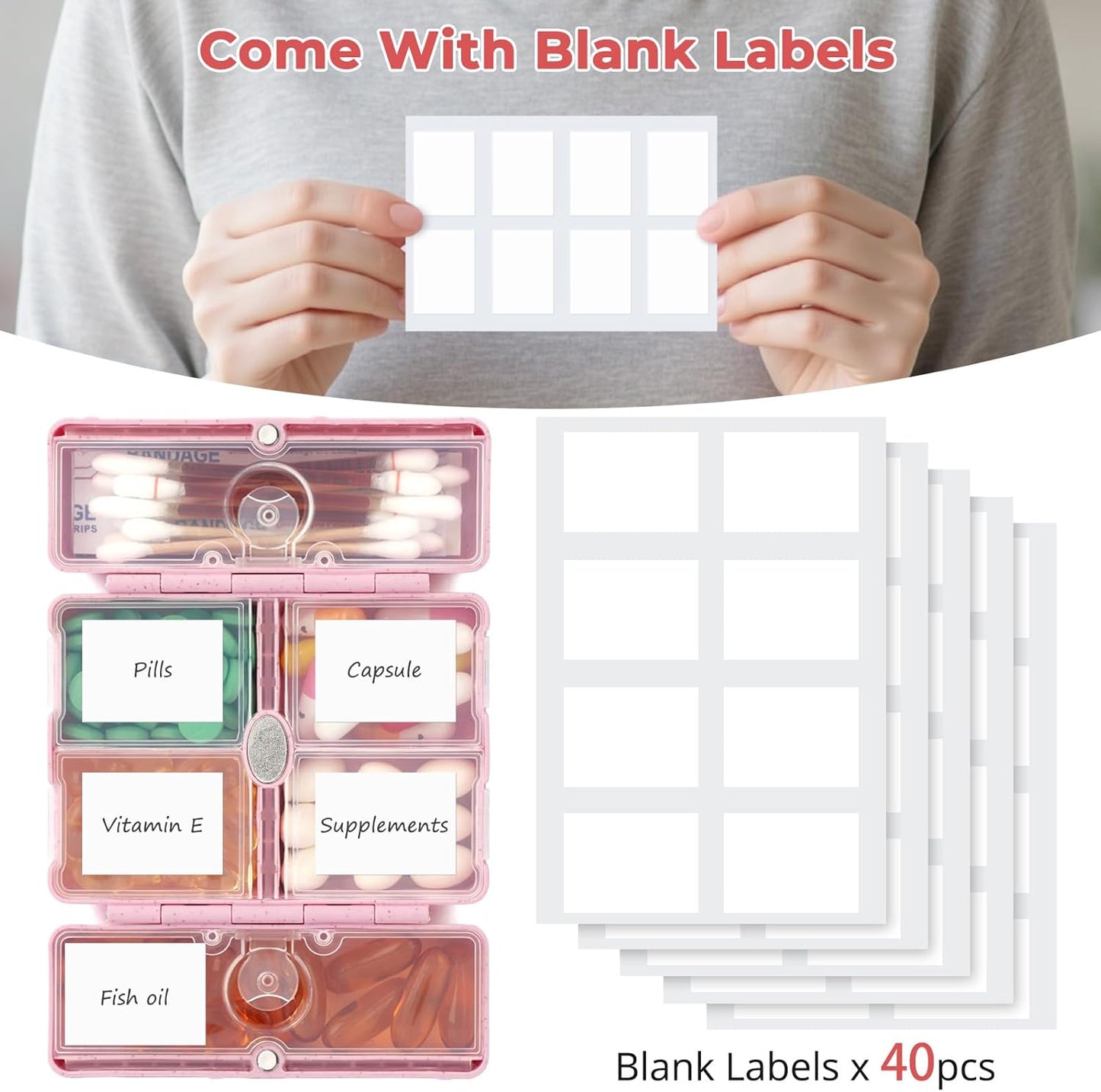 Zentiky Small Daily Pill Organizer with Labels, Medicine Pill Organizer Fit with Your Purse or Pocket for Travel to Hold Vitamin, Fish Oil, Supplement,Cotton Swabs, Bandages or Jewelry-Pink