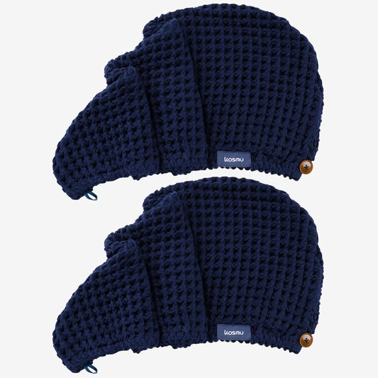 Hair Towel | 100% Cotton Silk Hair-Drying Waffle Wrap Turban for Women, Ultra-Absorbent, Anti Frizz, Hair Damage Protection for Straight and Curly Hair (Ocean Blue, 2 Pack)