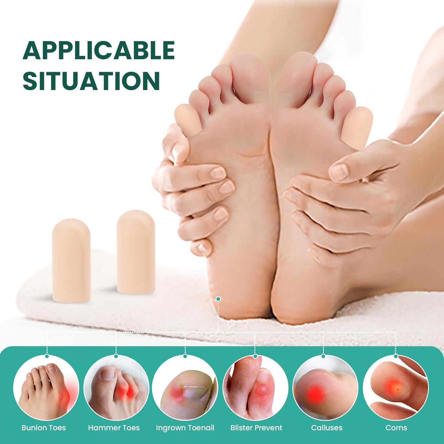 Welnove Gel Toe Cap and Protector - Silicone Toe Covers - Toe Cushions for Pain Relief, Missing or Ingrown Toenails, Corns, Calluses, Blisters (8 Small, Beige)