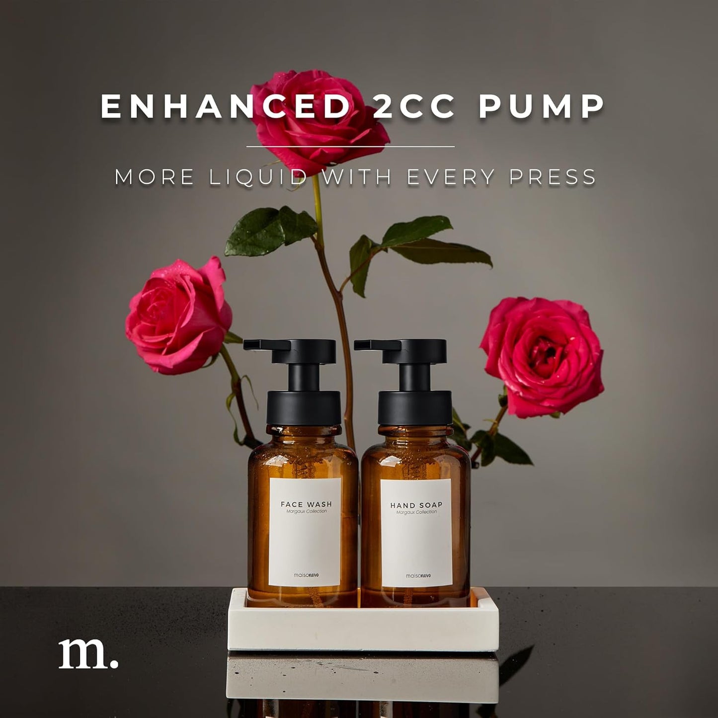 MaisoNovo Glass Foaming Soap Dispenser 14 Oz | Amber Glass Black Pumps x 2 with Tray