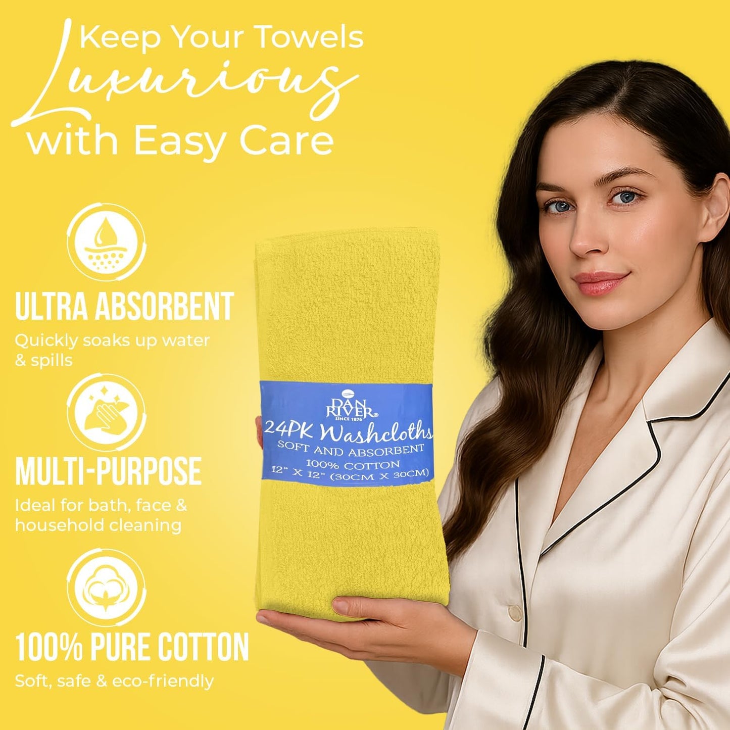 DAN RIVER 100% Cotton Wash Cloths 24 Pack [12x12] Soft & Absorbent Bath Cloths, Gym, Hotels & Spa Perfect for Everyday Use Fingertip Towels, Yellow