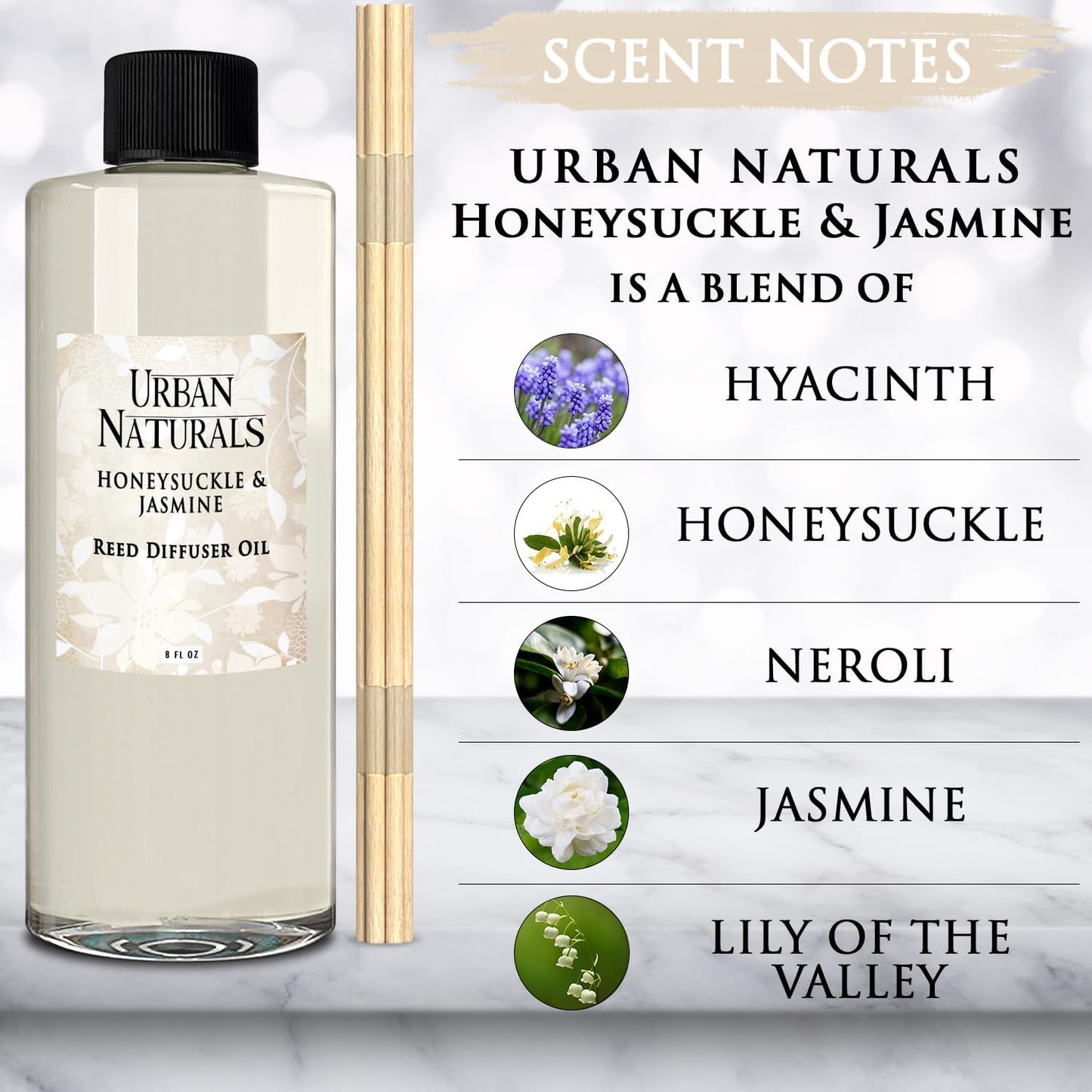 Urban Naturals Reed Diffuser Oil Refill Honeysuckle Jasmine with Hyacinth, Cassis, Neroli, Rose, Iris, Lily of The Valley 8 oz + Free Reed Sticks, Made in The USA