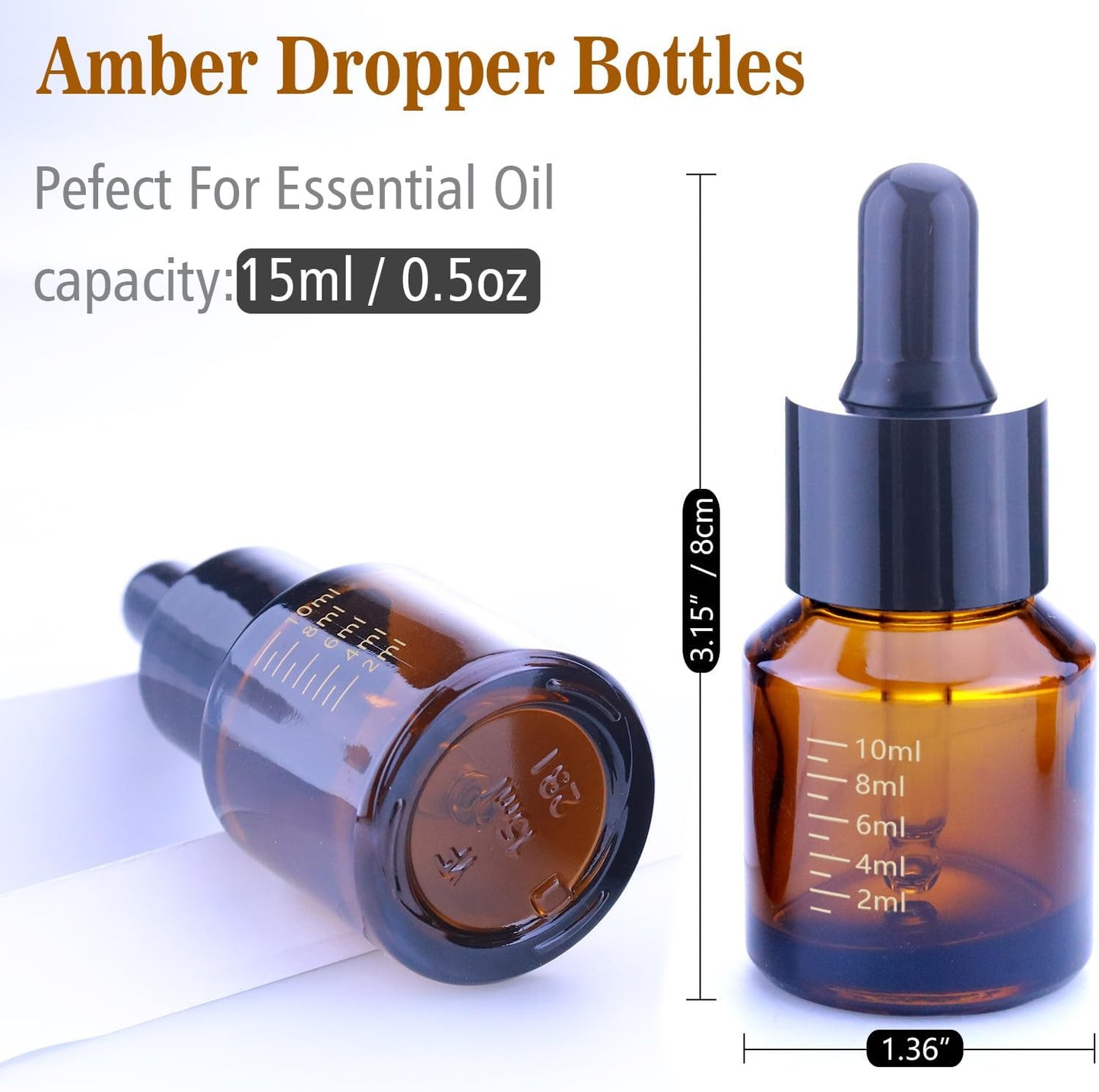 15ml Dropper Bottles with Measurement, Glass Essential Oil Jars Amber, 1/2 oz Bottles with Glass Eye Dropper for Essential Oil,Tincture