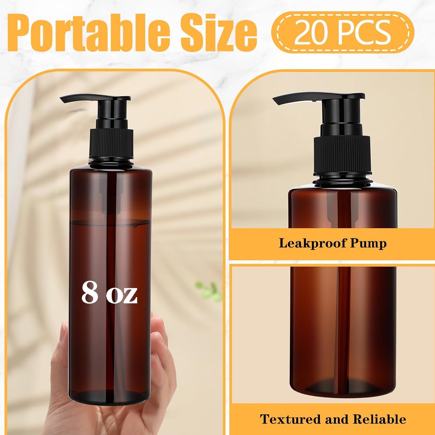 Thyle 20 Pcs Plastic Pump Dispenser Bottle 8 oz Refillable Plastic Bottles Bulk Lotion Container Travel Lock Empty container for Shampoo Massage Oil Dispensing(Brown)