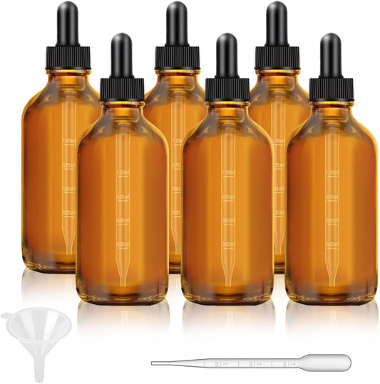 Bumobum 6 Pack, 4 oz Dark Amber Dropper Bottles with Measured Dropper, Glass Eye Dropper Bottle for Essential Oils with Funnel, Labels & Pipette, Droppers for Oils (Unbreakable Plastic Eye Dropper)