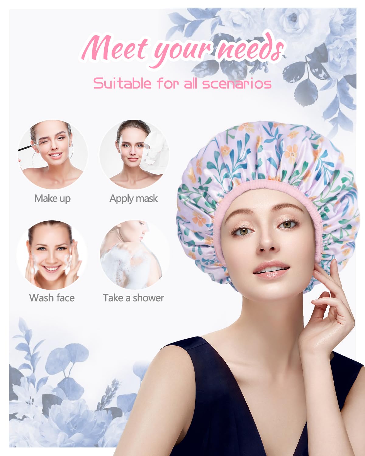 Shower Cap, Terry lined Reusable shower caps, Waterproof Large Shower Cap for Women, Hair cap Triple Layer Shower Caps for Long Thick Hair