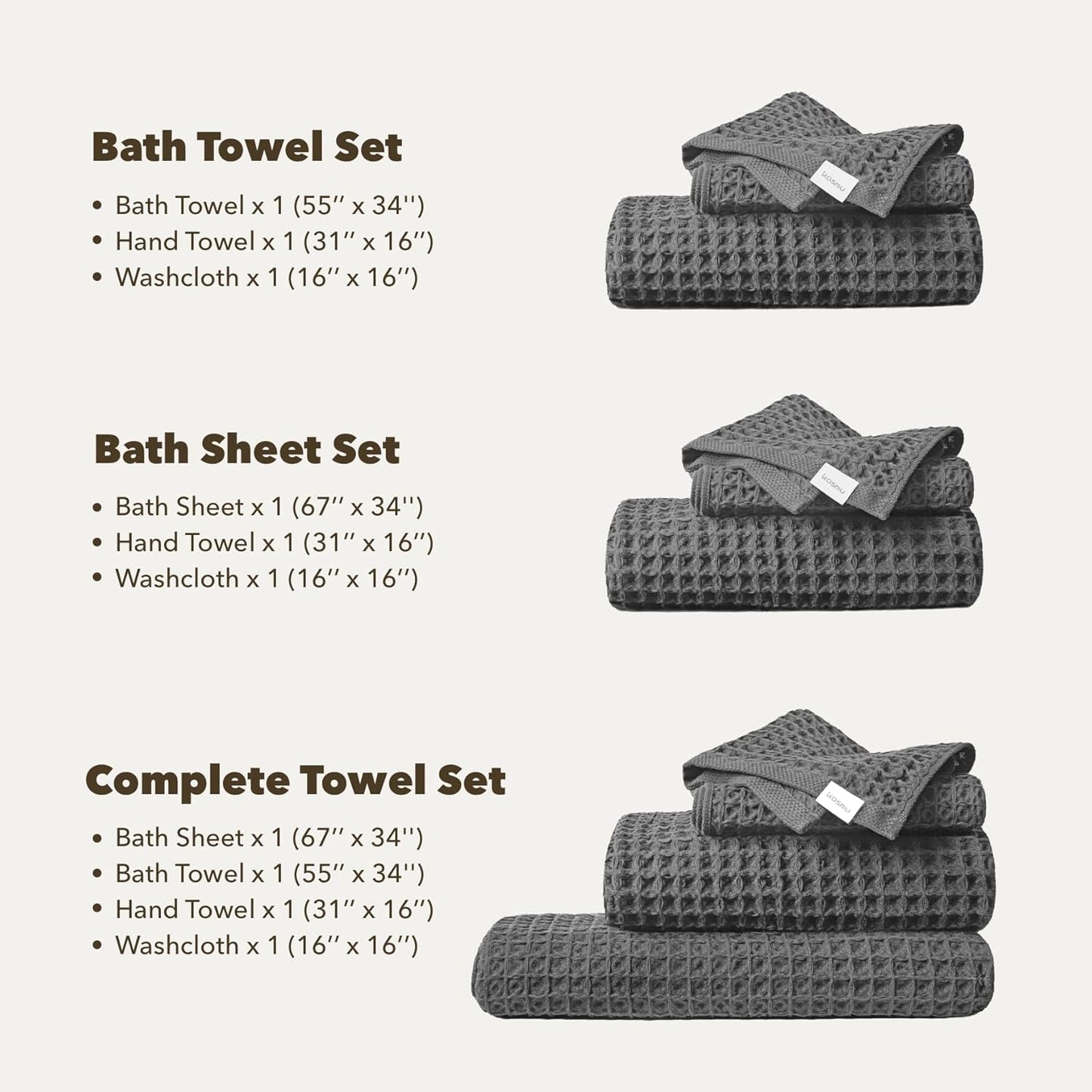 Luxury Japanese Cotton Waffle Bath Towel | Plush, Absorbent, and Quick Dry | Free Storage Bag Included (Shell White, Complete Set (4-Piece))