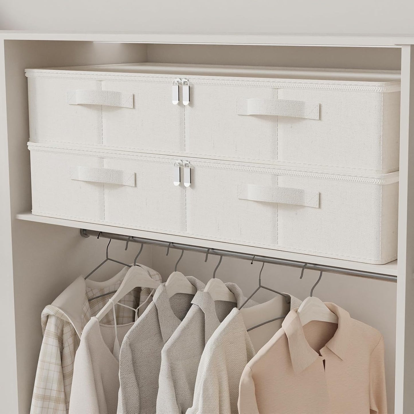 Underbed Storage Bins Compartment, Foldable Under Bed Boxes Organizer, Cube Container with Lid for Organizing Clothes, Sheets, Blankets, Comforter, 31.4x15.7x5.9in, Beige, 2 Pack