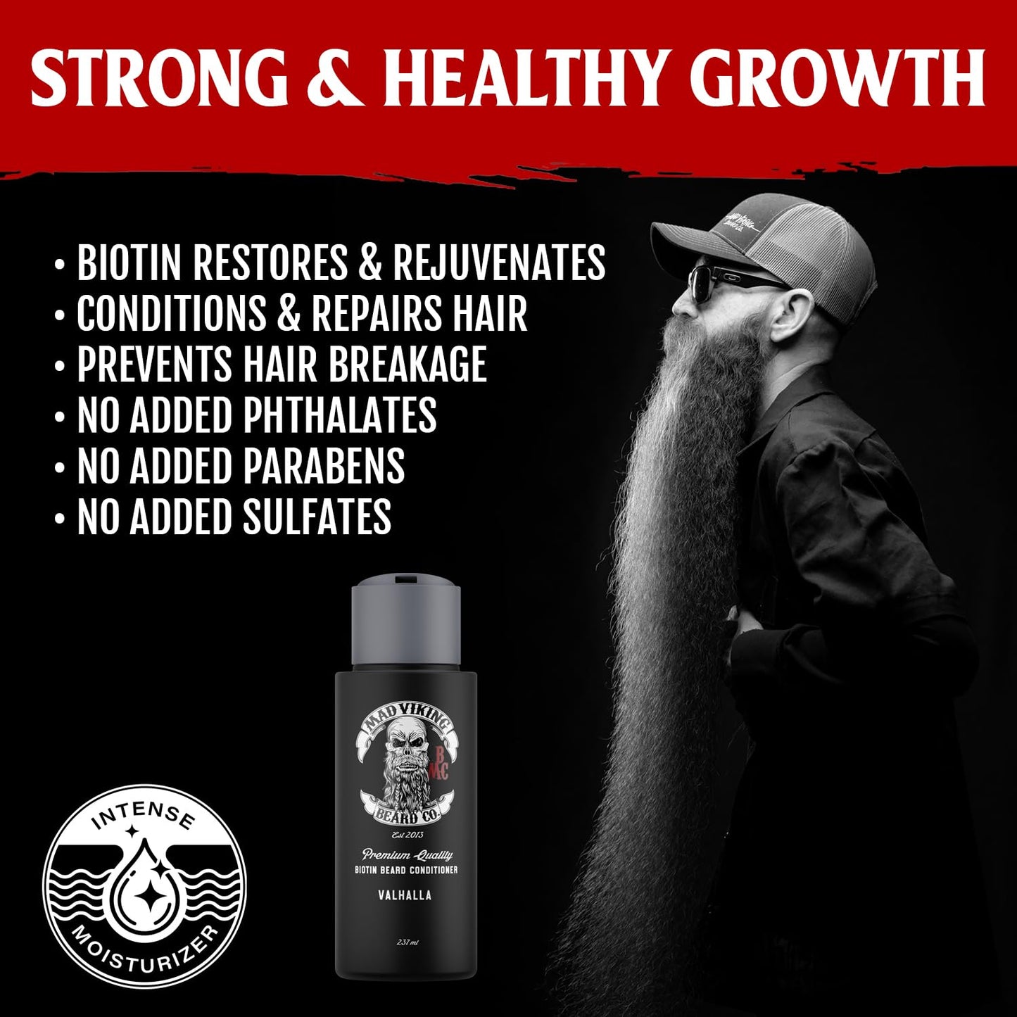 Mad Viking Valhalla Biotin Beard Conditioner – Restores, Moisturizes and Softens - Deep Conditioning and Reduced Frizz - Smooth Sandalwood & Vanilla Scent, Made in the USA - 8oz