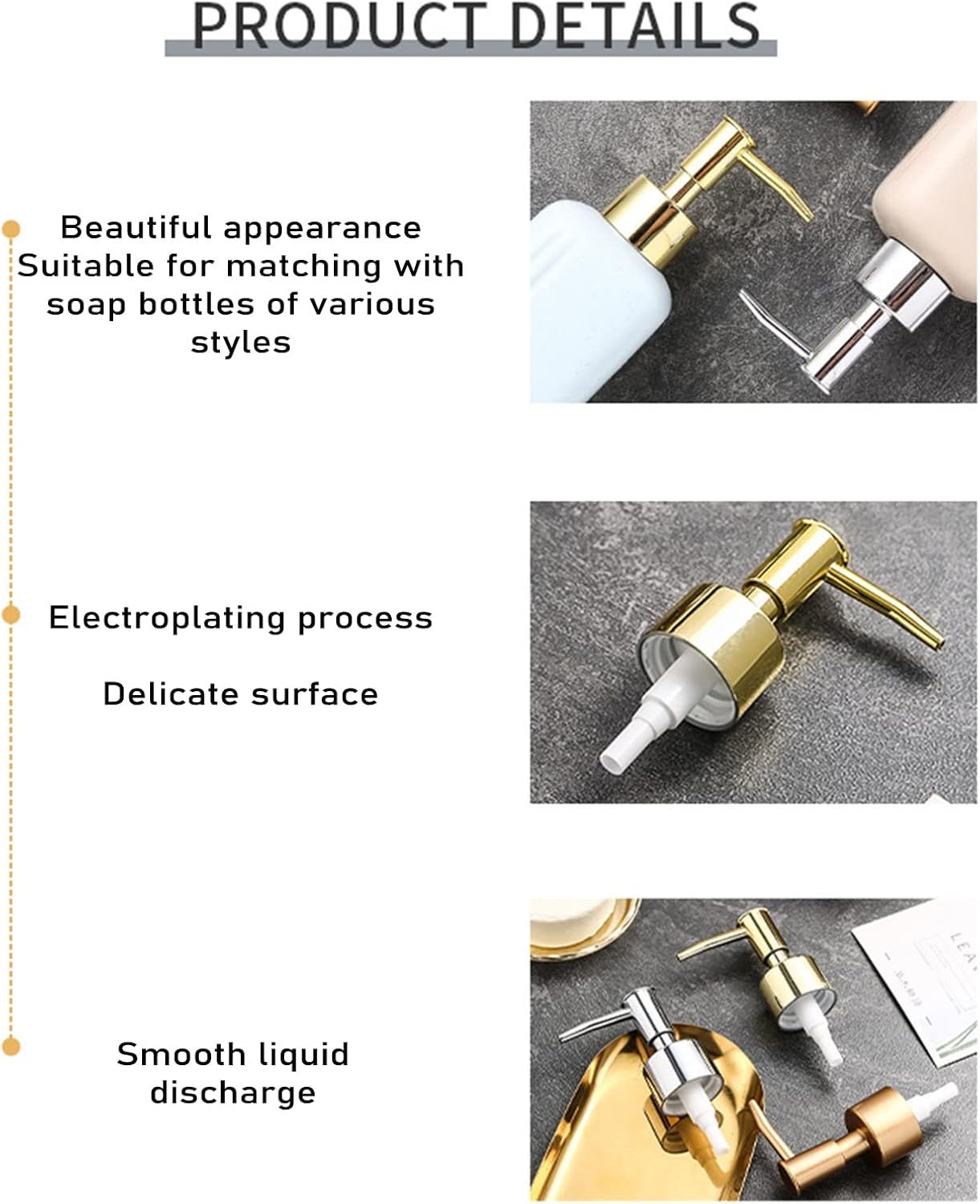 JYXR Lotion and Soap Dispenser Pump 2Pack,Replacement Pumps for Your Bottles,Include 2 Tubes(Golden)