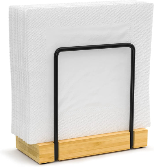 Napkin Holder for Table, Bamboo Iron Standing Napkin Dispenser for Kitchen Dining Table Farmhouse Cocktail Picnic Rustic Wood Holders for Mail Bills Suitable for All Dining Room Decors Black & Yellow