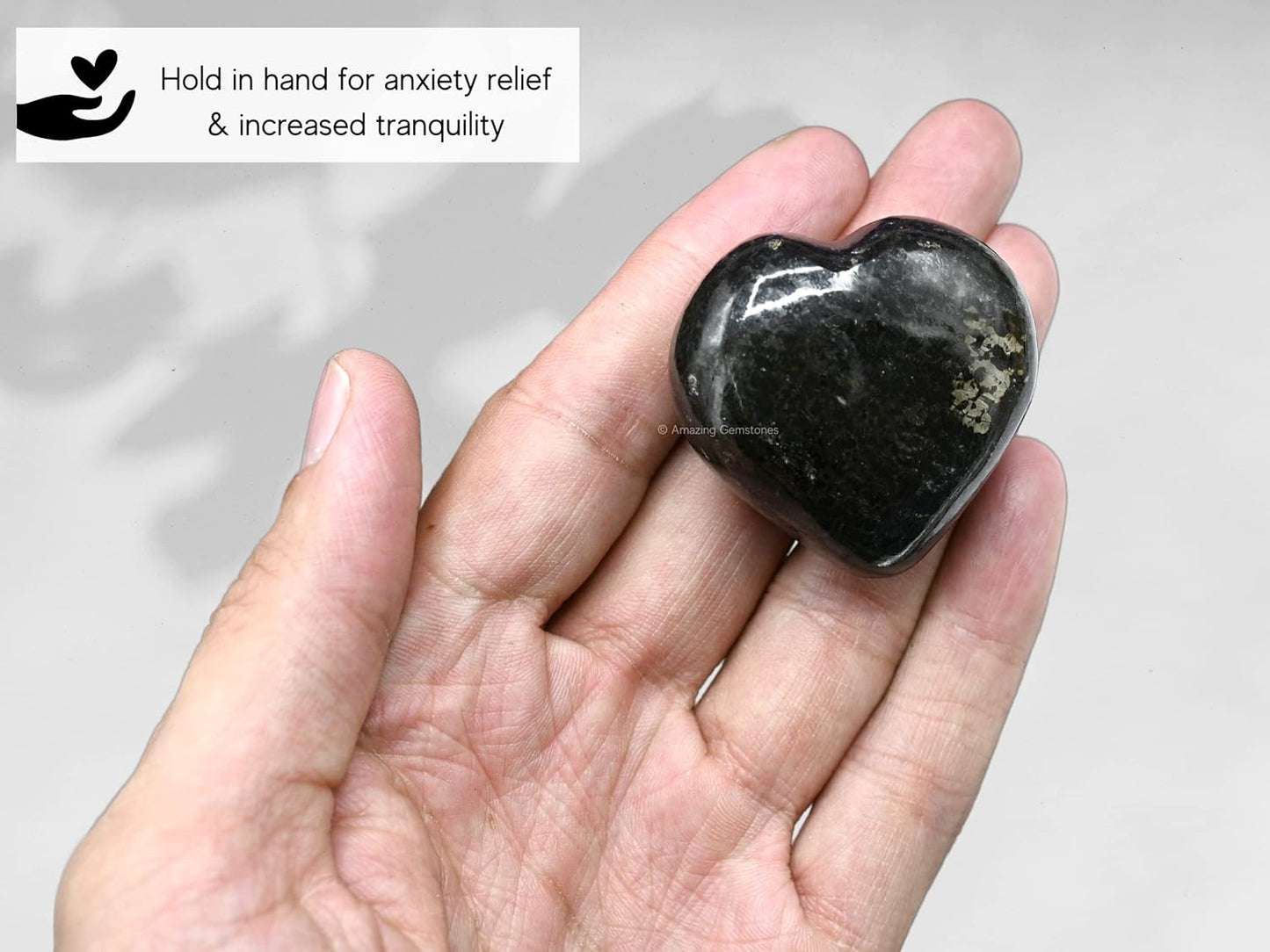 Nuummite Crystal Heart Palm Stone - Pocket Massage Worry Stone for Natural Body Chakra Balancing, Reiki Healing and Crystal Grid