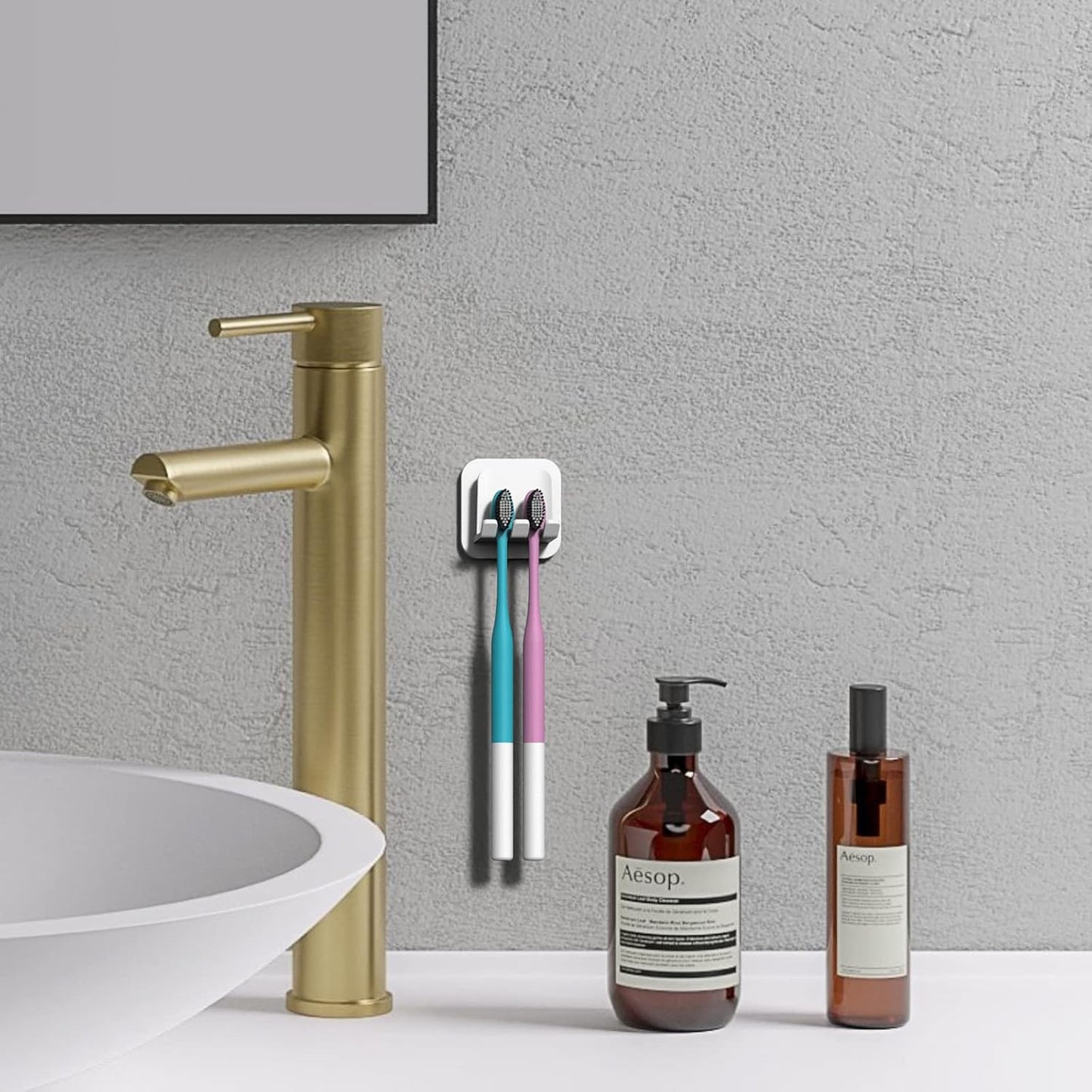 2 PCS Self-Adhesive Toothbrush Holders Wall Mounted, Water Proof Toothbrush Hook, 2 in 1 with Toothbrush Hanger and Gargle Cup Holder for Bathroom Shower (White)