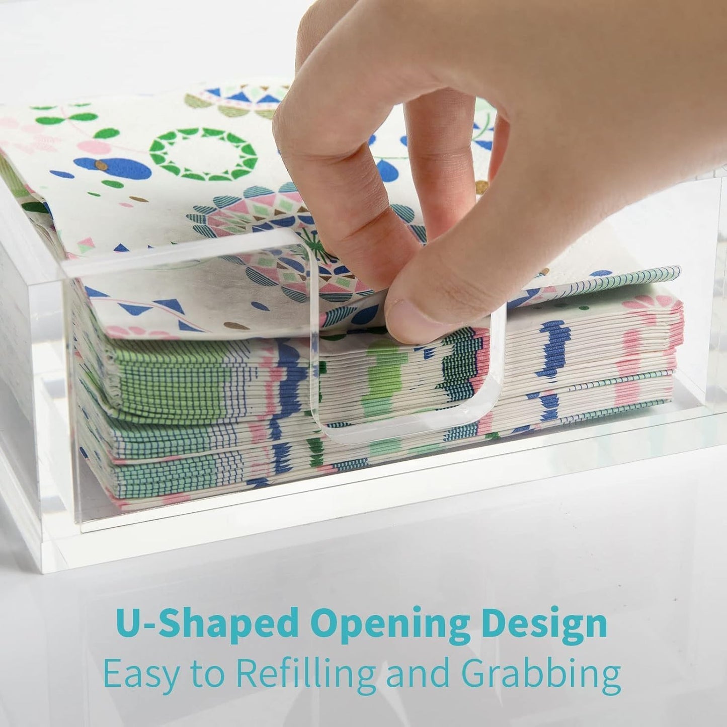 HIIMIEI Acrylic Napkin Holder for Table: Square Luncheon Napkin Tray, Flat Decorative Guest Towel Holder for Bathroom, Kitchen, Bar, Dinner, Party, 7.6 x 7.6 inches（Clear)