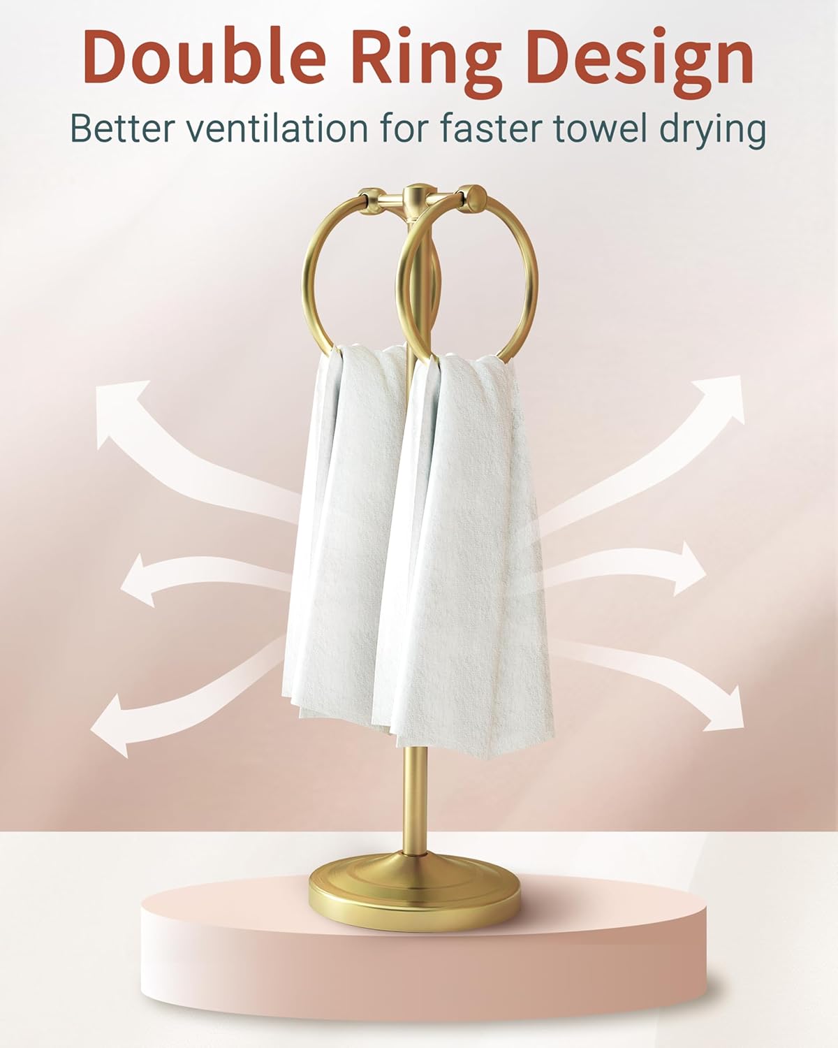 Hand Towel Holder Stand, SUS304 Stainless Steel Weighted Hand Towel Stand for Bathroom Kitchen Countertop Towel Stand with Double Stand Hand Towel Ring Total Height 18"(Brushed Gold)