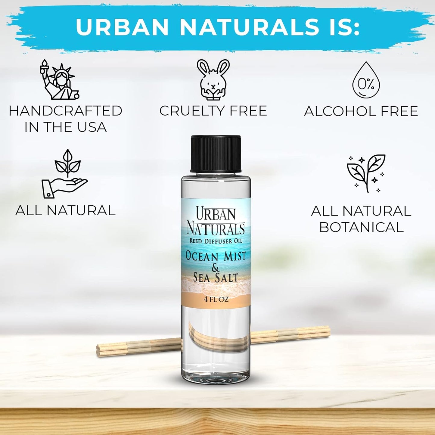 Urban Naturals Ocean Mist & Sea Salt Scented Oil Reed Diffuser Refill | Includes a Free Set of Reed Sticks! 4 oz.