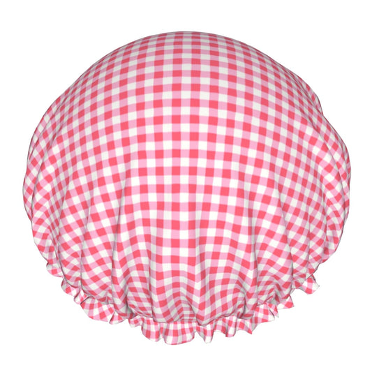 Red Pink Checkered Shower Caps for Women Red Plaid Dual-Layer Waterproof Bath Hat Classic Checkered Pattern Elastic Reusable Hair Cap for Shower Cooking Clean Makeup