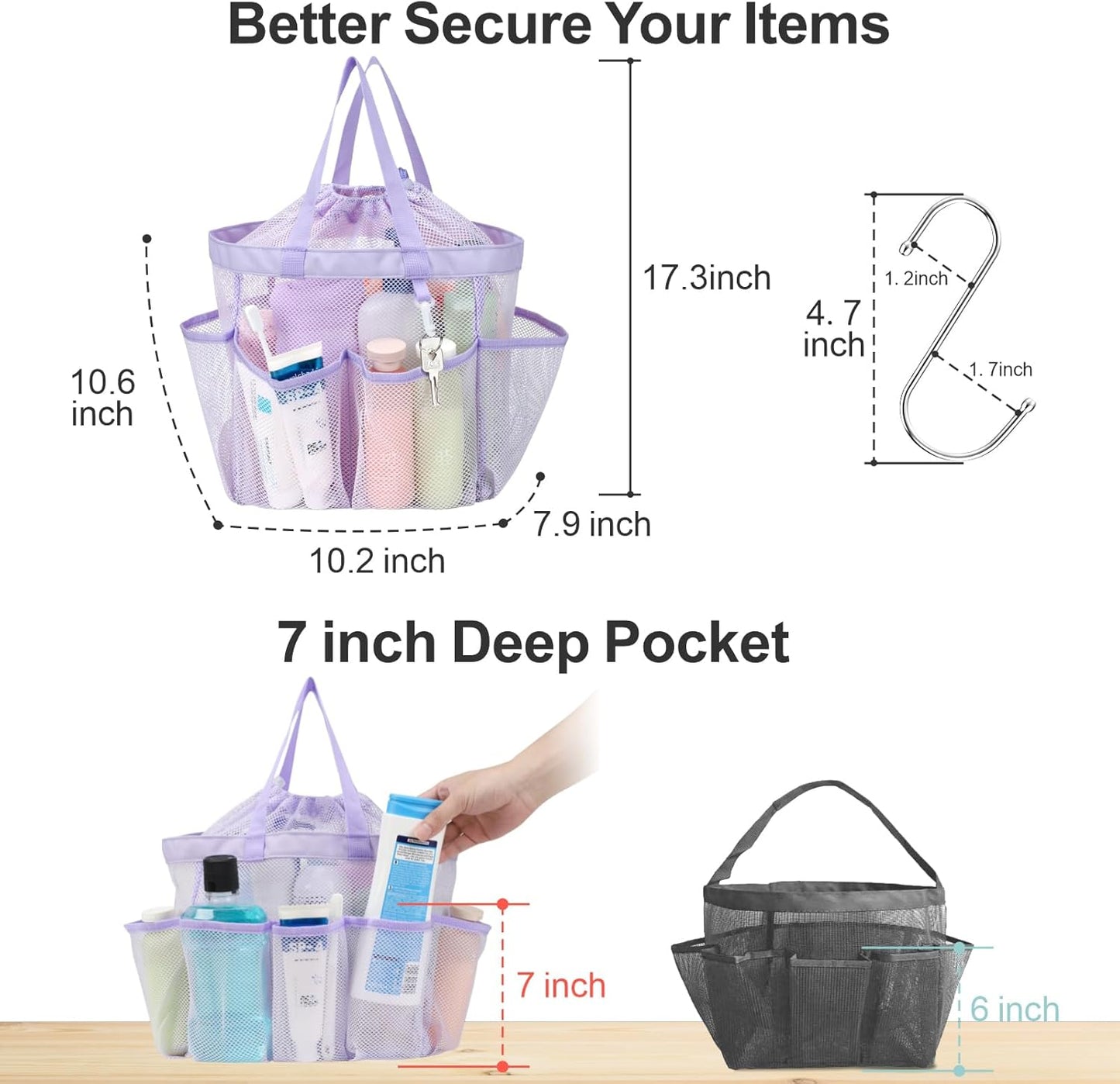 F-color Mesh Shower Caddy Portable with Drawstring - Upgrade Deeper 7 Pockets Dorm Room Essentials for Guys Girls with S Hook, Shower Bag Basket Tote for College Camping Toiletry Bathroom, Purple