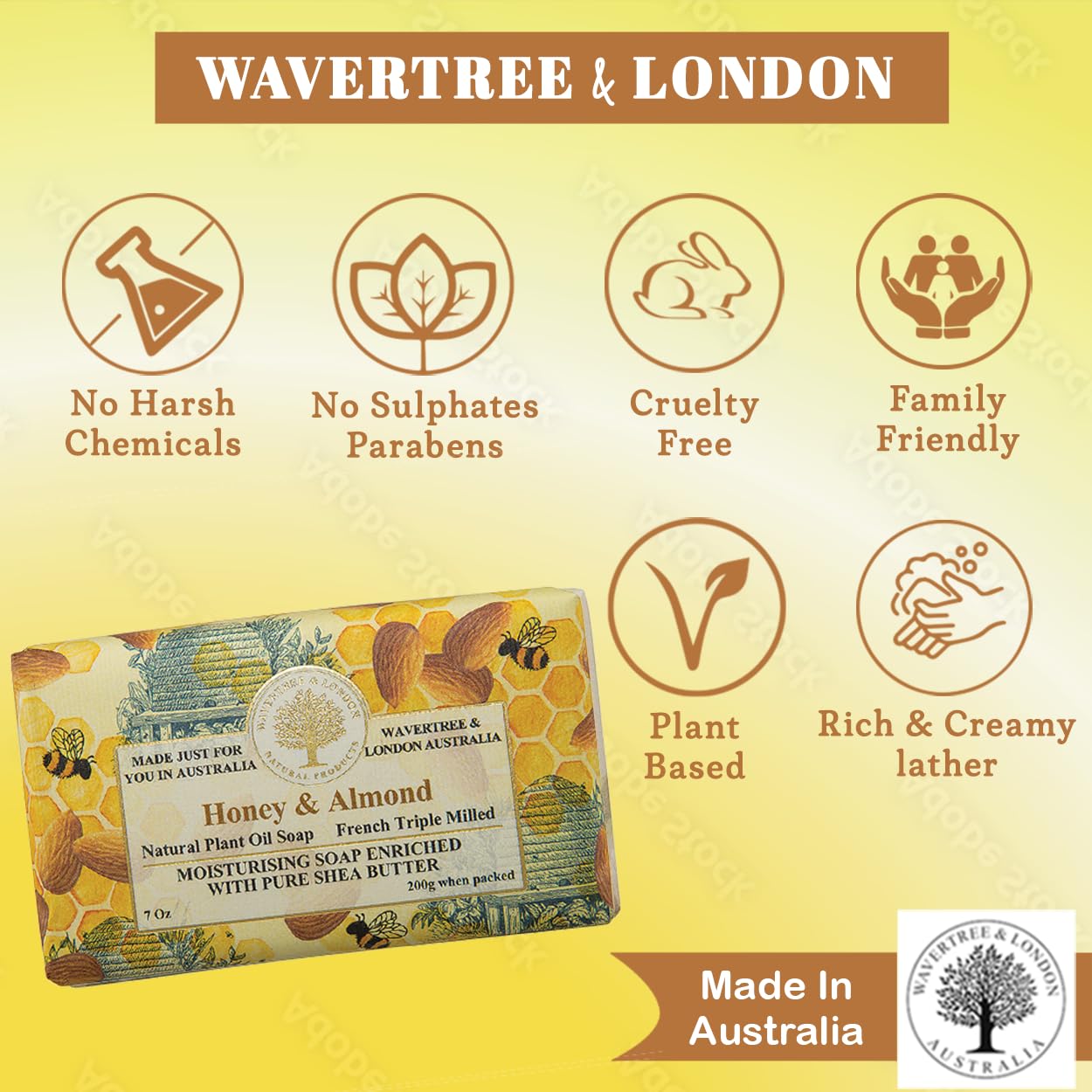 Wavertree & London Honey Almond Scented Natural Soap (8 Bars), 7oz Moisturizing French Triple Milled Soap Bars enriched with shea butter - Pure Plant Oil Bath & Body Bars for All Skin Types