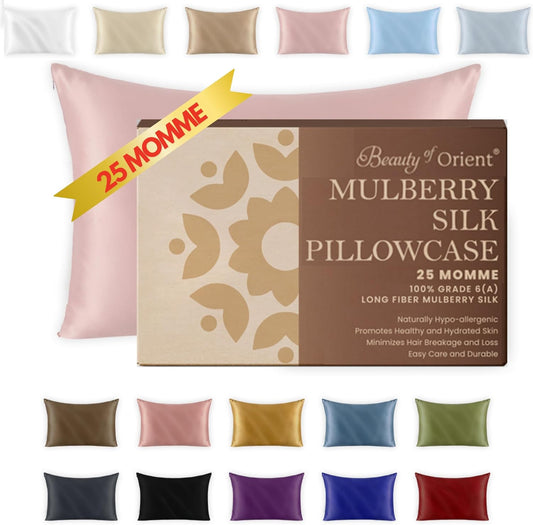 25 Momme Premium Mulberry Pink Silk Pillowcase for Hair and Skin | Handcrafted Hypoallergenic & Anti-Acne Silk Pillow Cases with Zipper | Standard - 20" x 26", Rose Water