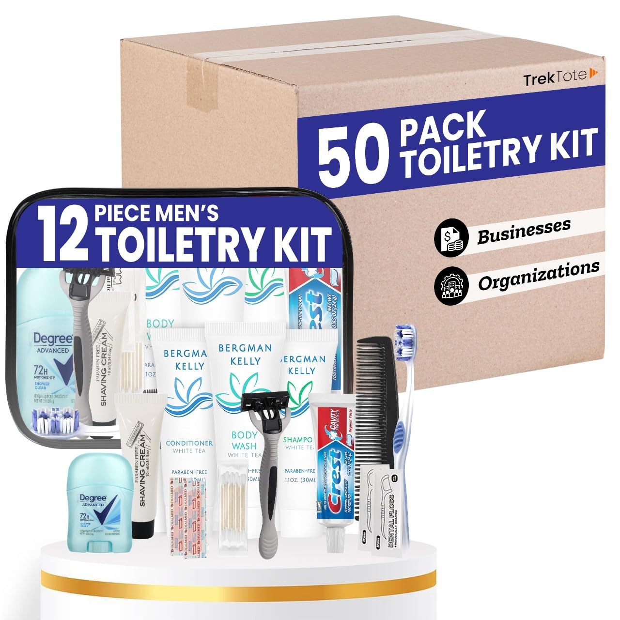 Trektote Bulk Hygiene Kit For Men – (50 Pack) 12 Piece Set Of Travel Size Toiletries, TSA Compliant, Bulk Travel Essentials, Includes Shampoo And Conditioner, Body Wash, Toiletry Bag & More