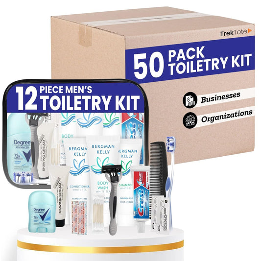 Trektote Bulk Hygiene Kit For Men – (50 Pack) 12 Piece Set Of Travel Size Toiletries, TSA Compliant, Bulk Travel Essentials, Includes Shampoo And Conditioner, Body Wash, Toiletry Bag & More
