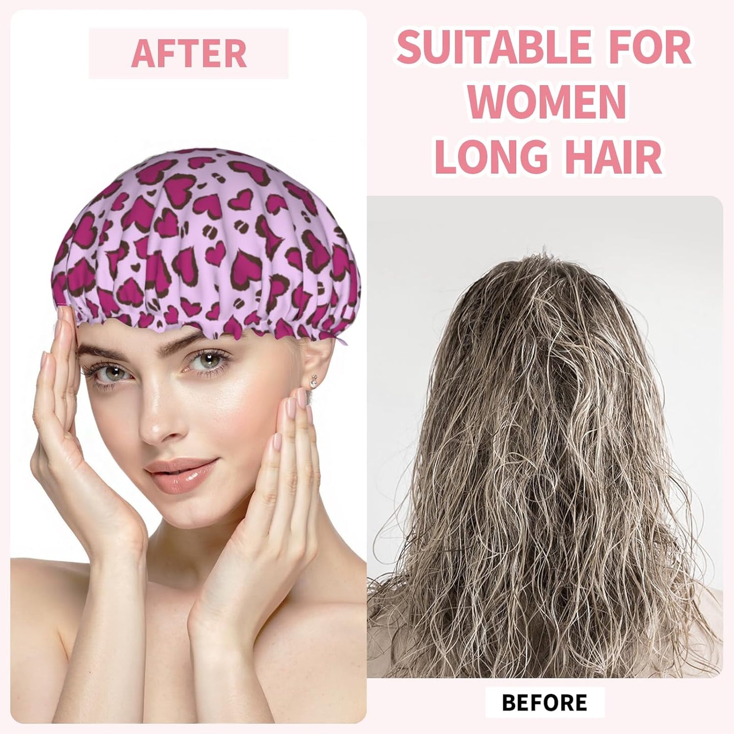 Leopard Print Shower Caps Purple Heart Dual-Layer Waterproof Bath Hat Reusable Hair Caps Elastic Hair Hat for Shower Cooking Clean Makeup Travel