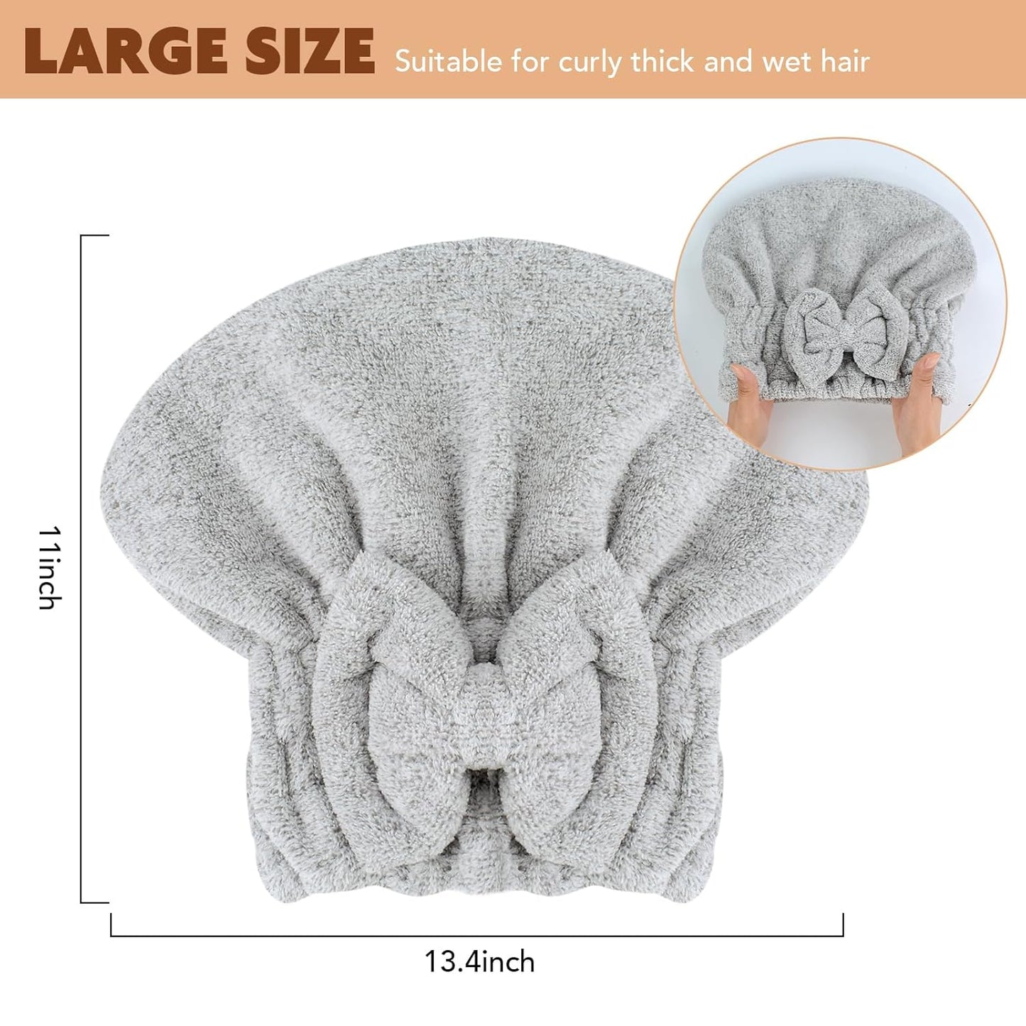 SUNLAND Large Microfiber Hair Drying Caps with Bow knot Fast Drying Shower Cap Soft and Absorbent hairWrap Hair Turban Bath Caps for Curly Thick and wet Hair 11 X 13.4 inch 2 Pack Grey
