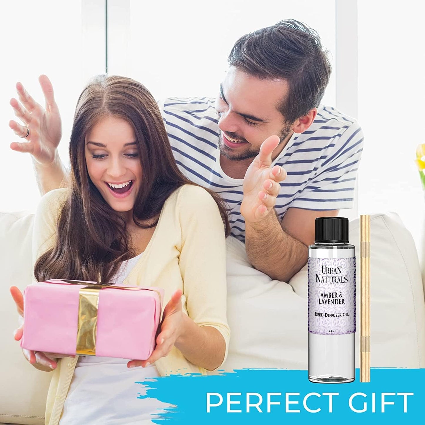 Urban Naturals Reed Diffuser Oil Refill Amber & Lavender, Soothing Lavender, Warm Amber, Calming Room Scent, 4 oz + Free Reed Sticks, Made in The USA