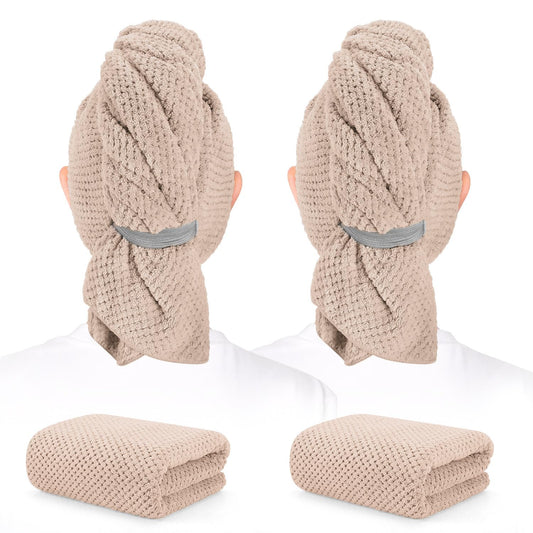 BEoffer 2 Pack Microfiber Hair Towel - 41 x 24 inches Super Soft, Absorbent, Fast Drying Without Frizz Hair Towel Wrap for Women Long, Thick, Curly Hair - Hair Turbans with Elastic Strap