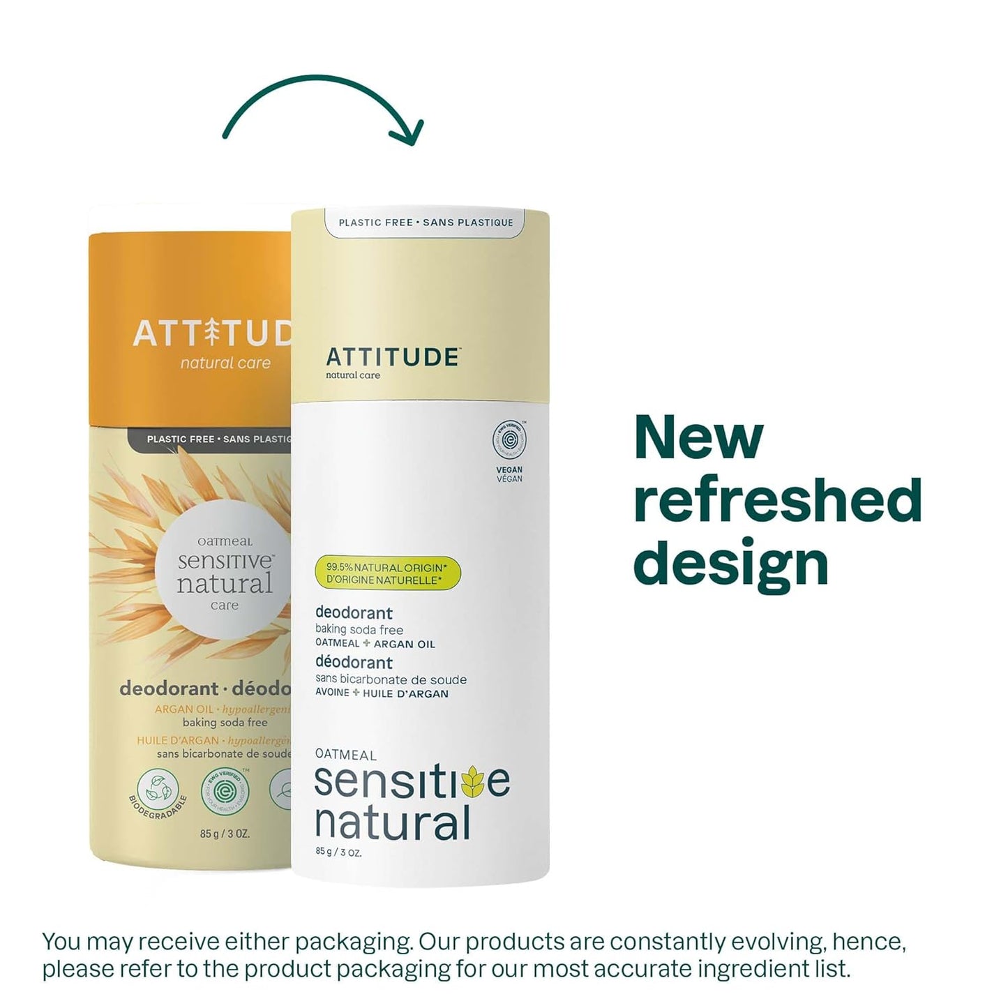 ATTITUDE Baking Soda Free Deodorant for Sensitive Skin with Oatmeal and Argan Oil, EWG Verified, Aluminum Free, Plastic-Free, 3 Ounces