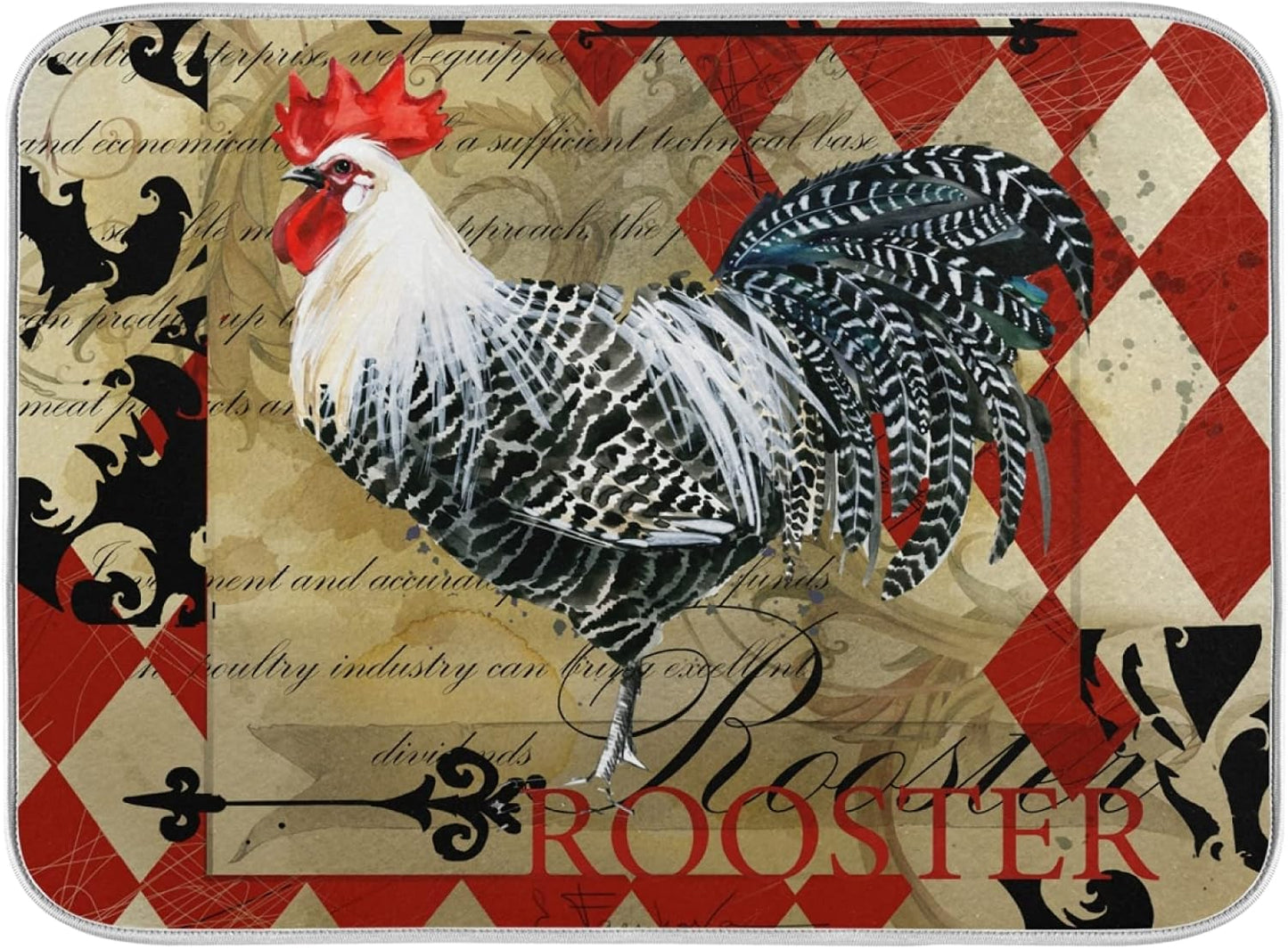 Dish Drying Mat for Kitchen Counter 18 x 16 Inch Rooster Vintage Domestic Farm Birds Microfiber Dish Mat Drying Pad Absorbent Dishes Pad Dish Drainer Rack Mats