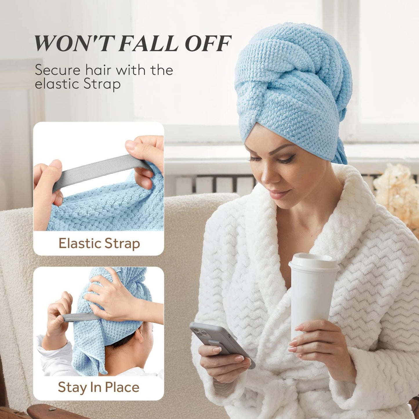 YFONG Large Hair Towel Wrap for Women, Super Absorbent Microfiber Hair Towel for Curly Hair, Fast Drying Hair Turbans with Elastic,Hair Drying Towel Wrap for Hair Care 26.3" X 40" (Blue)